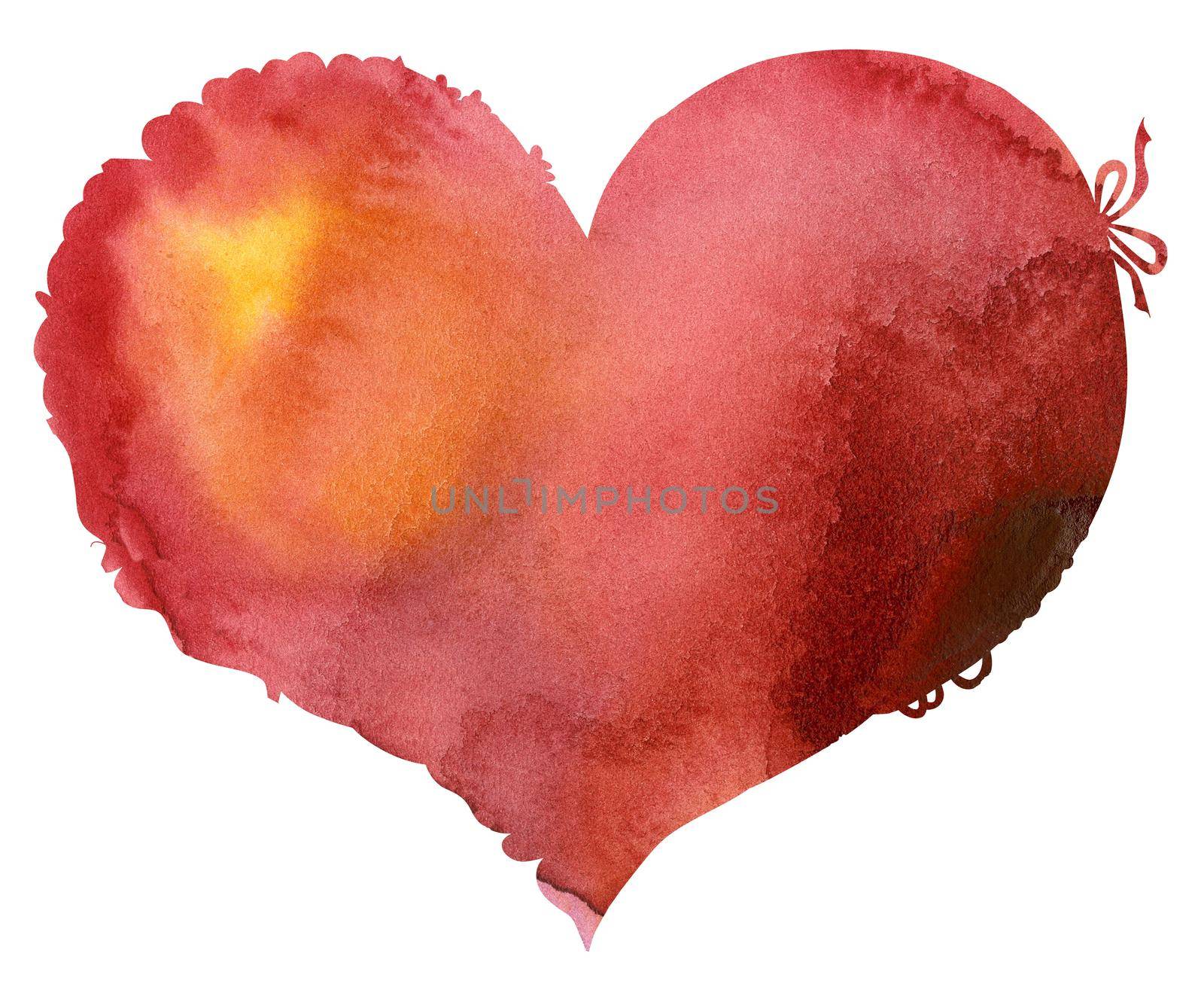 watercolor red heart with light and shade, painted by hand