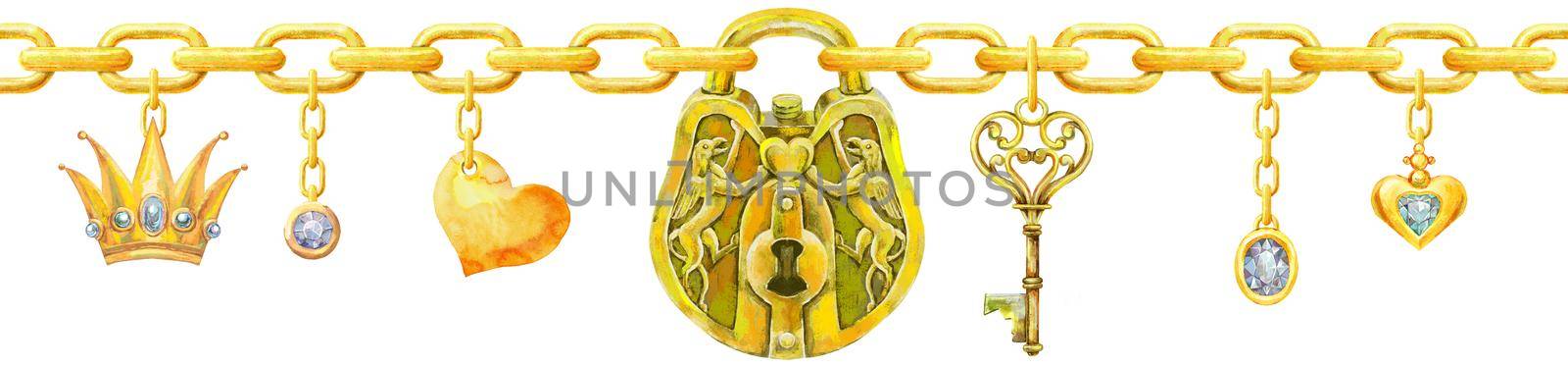 Seamless border padlock and key on a chain. Watercolor illustration on a white background
