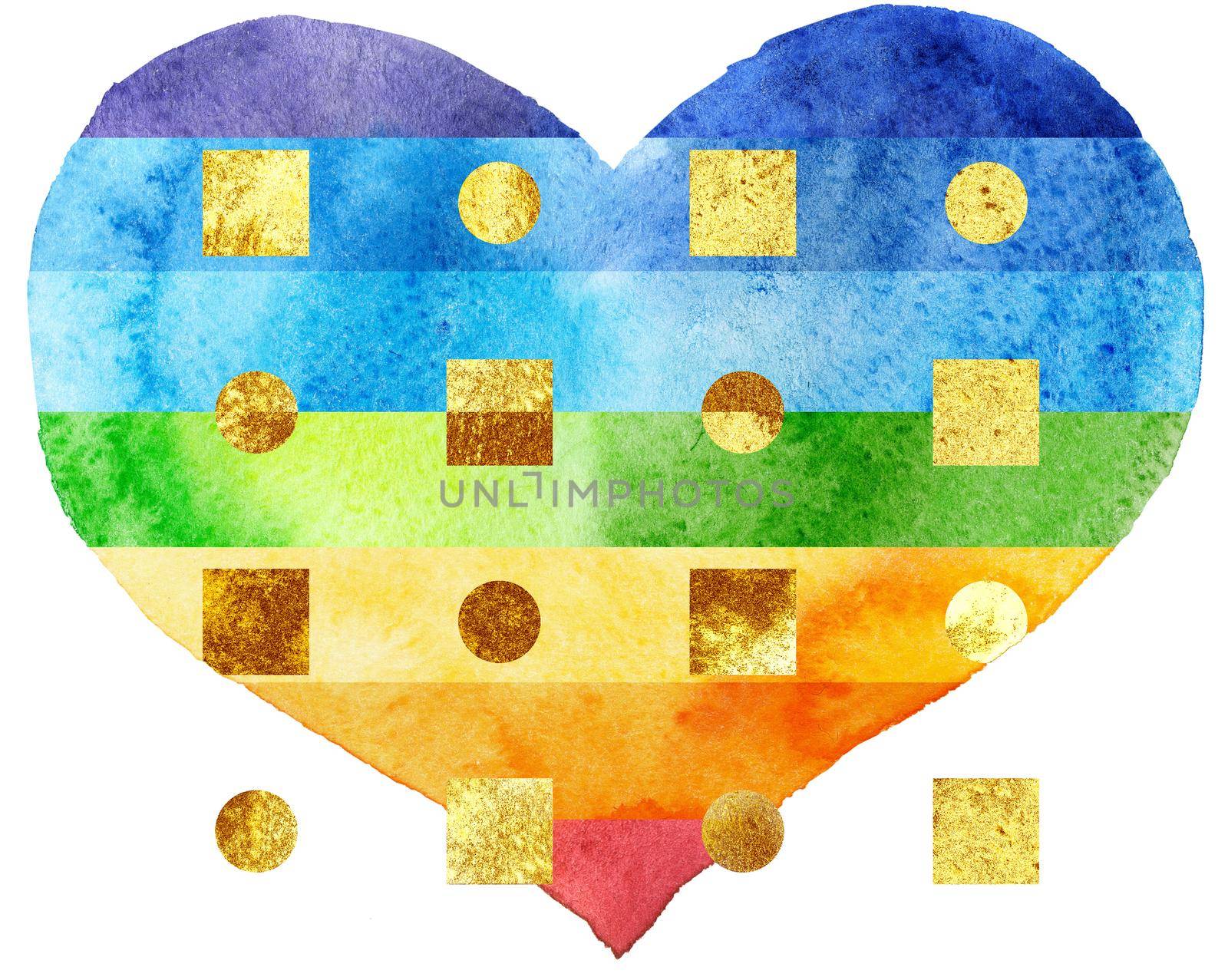 Watercolor textured rainbow heart with gold pattern by NataOmsk