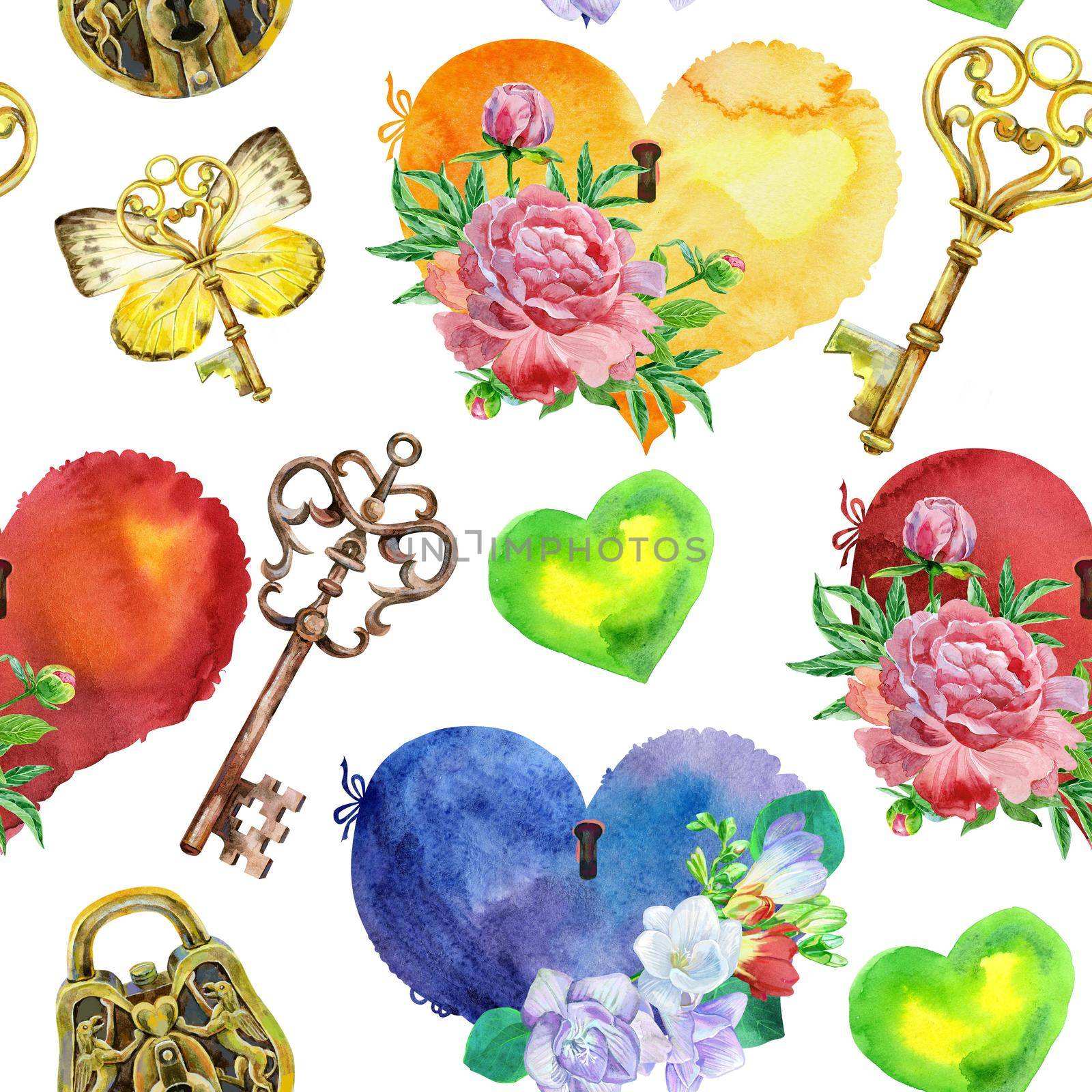 Seamless watercolor pattern with vintage hearts, keys and peonies isolated on white background by NataOmsk