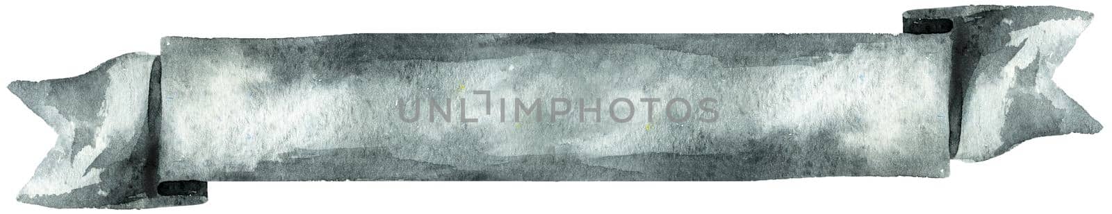 Watercolor hand-drawn illustration. Gray waving flag or banner