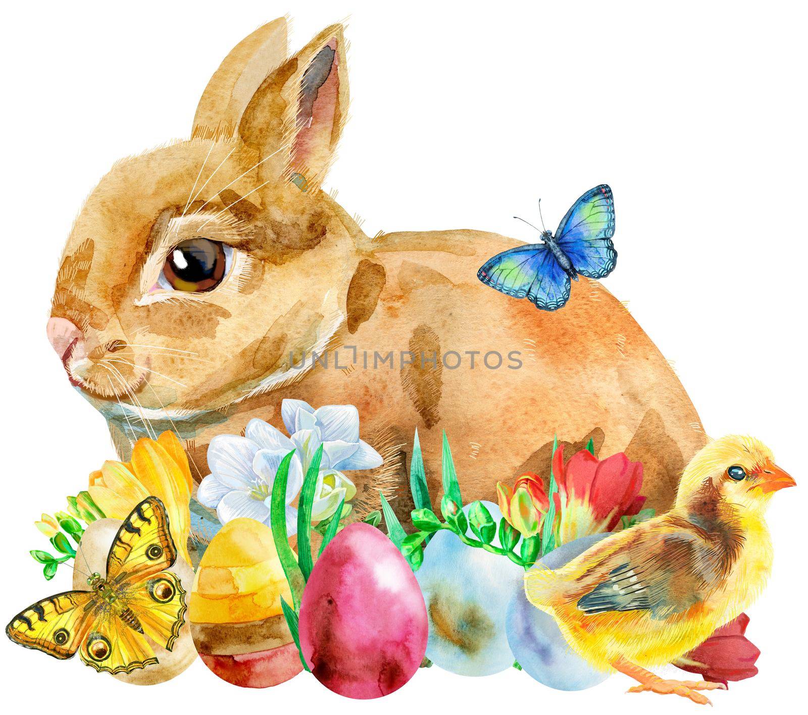 Cute beige rabbit on white background with eggs and freesia, isolated