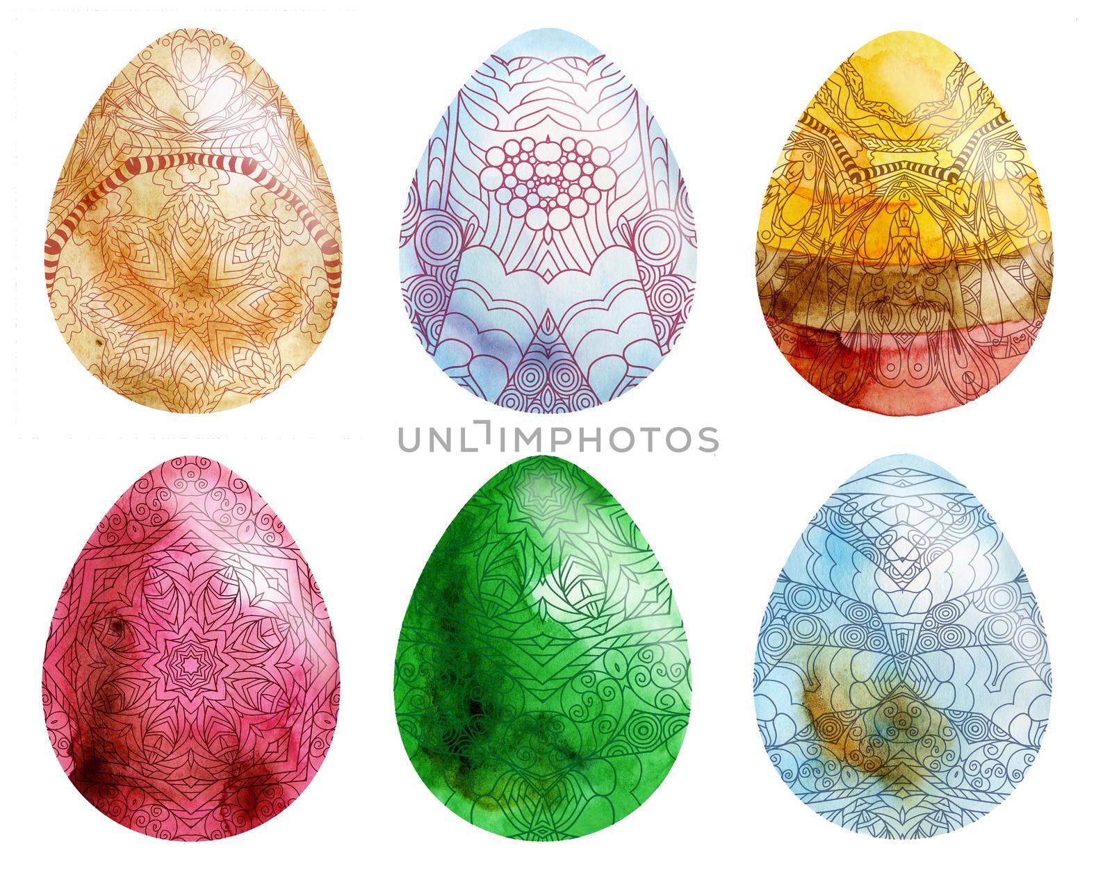 Watercolor set of hand drawn colored Easter eggs
