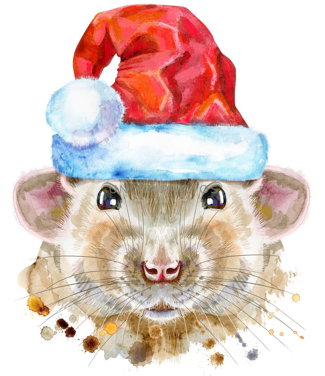 Watercolor portrait of white rat in Santa hat with splashes by NataOmsk