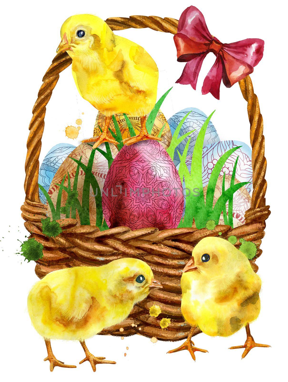 Waterciolor illustration of an Easter basket filled with eggs and yellow chickens