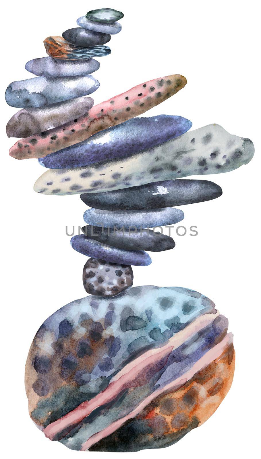 Hand drawn isolated colorful watercolor heap of stones on white background