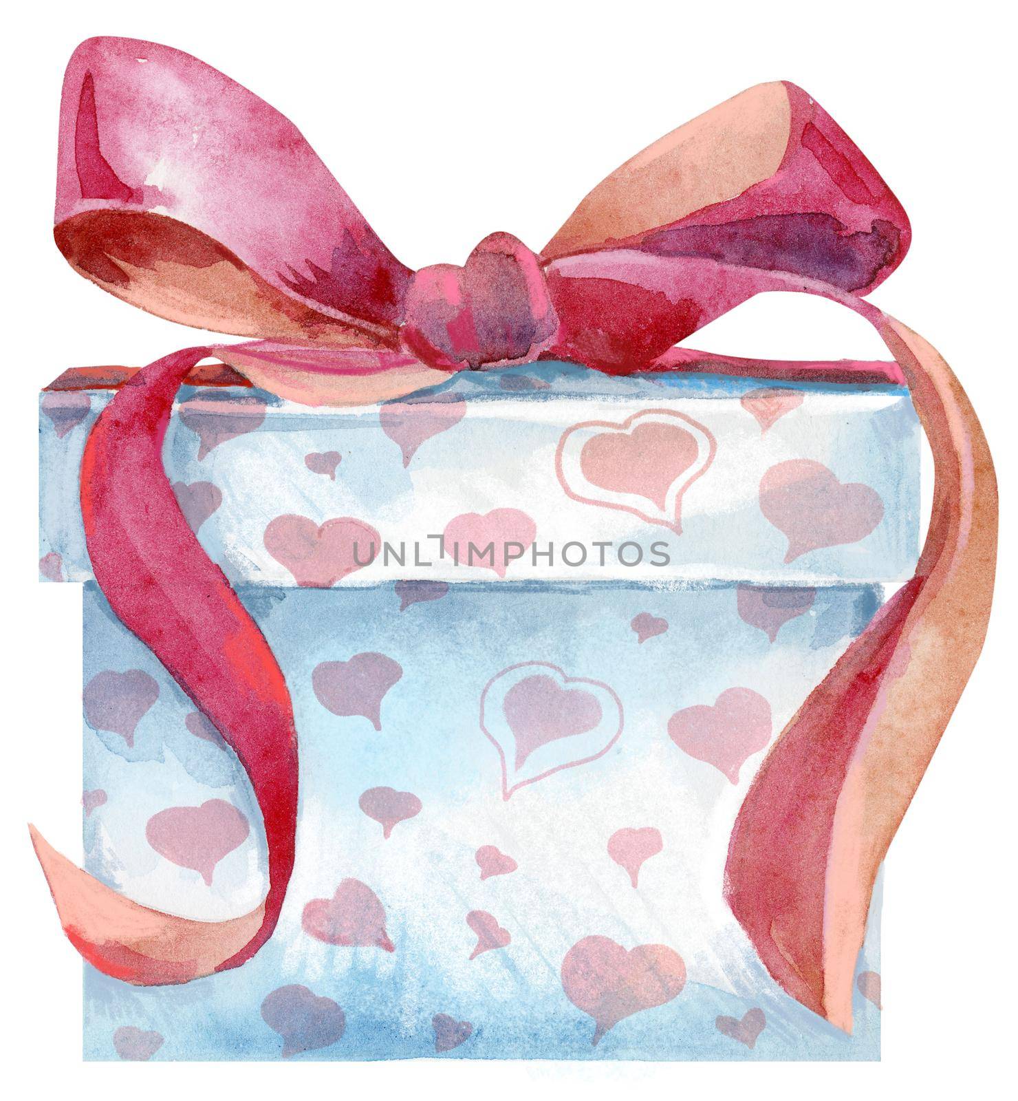 White gift box with red ribbon bow isolated, watercolor painting on white background