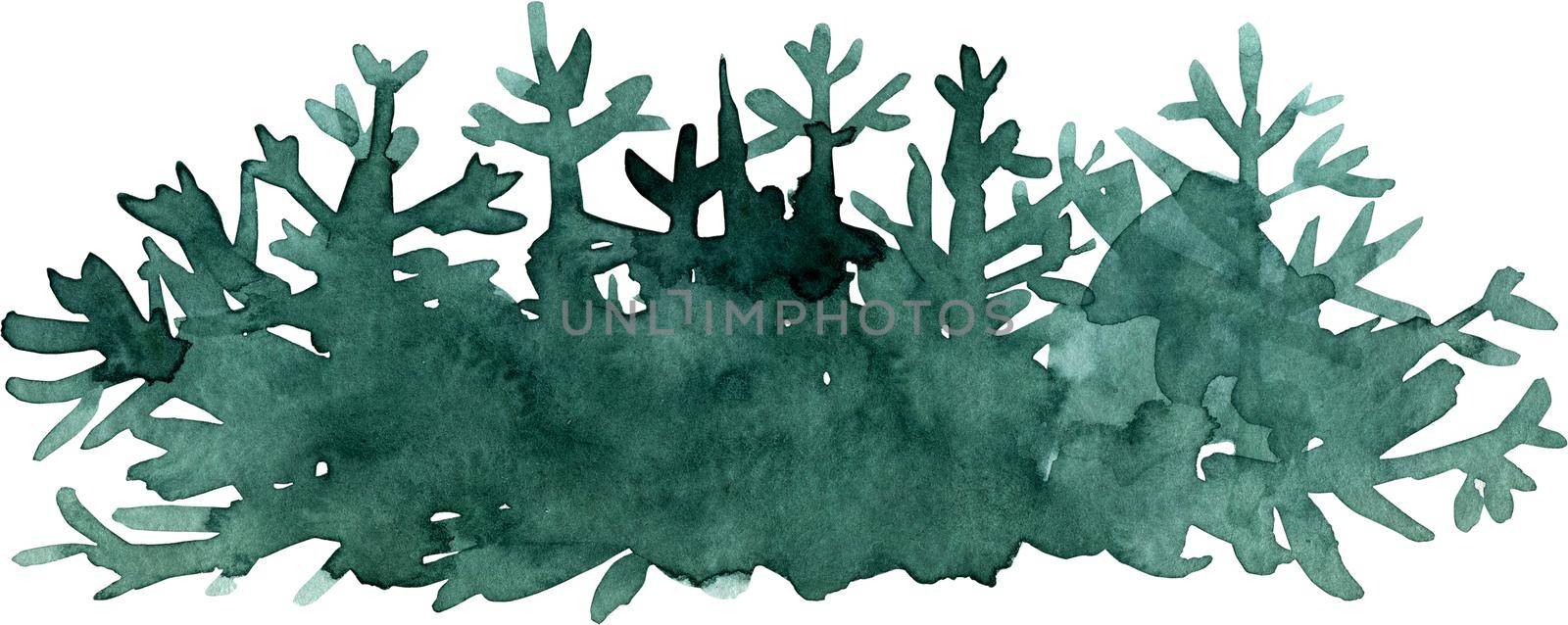 Watercolor landscape with fir trees, abstract nature background, forest template, hand drawn illustration