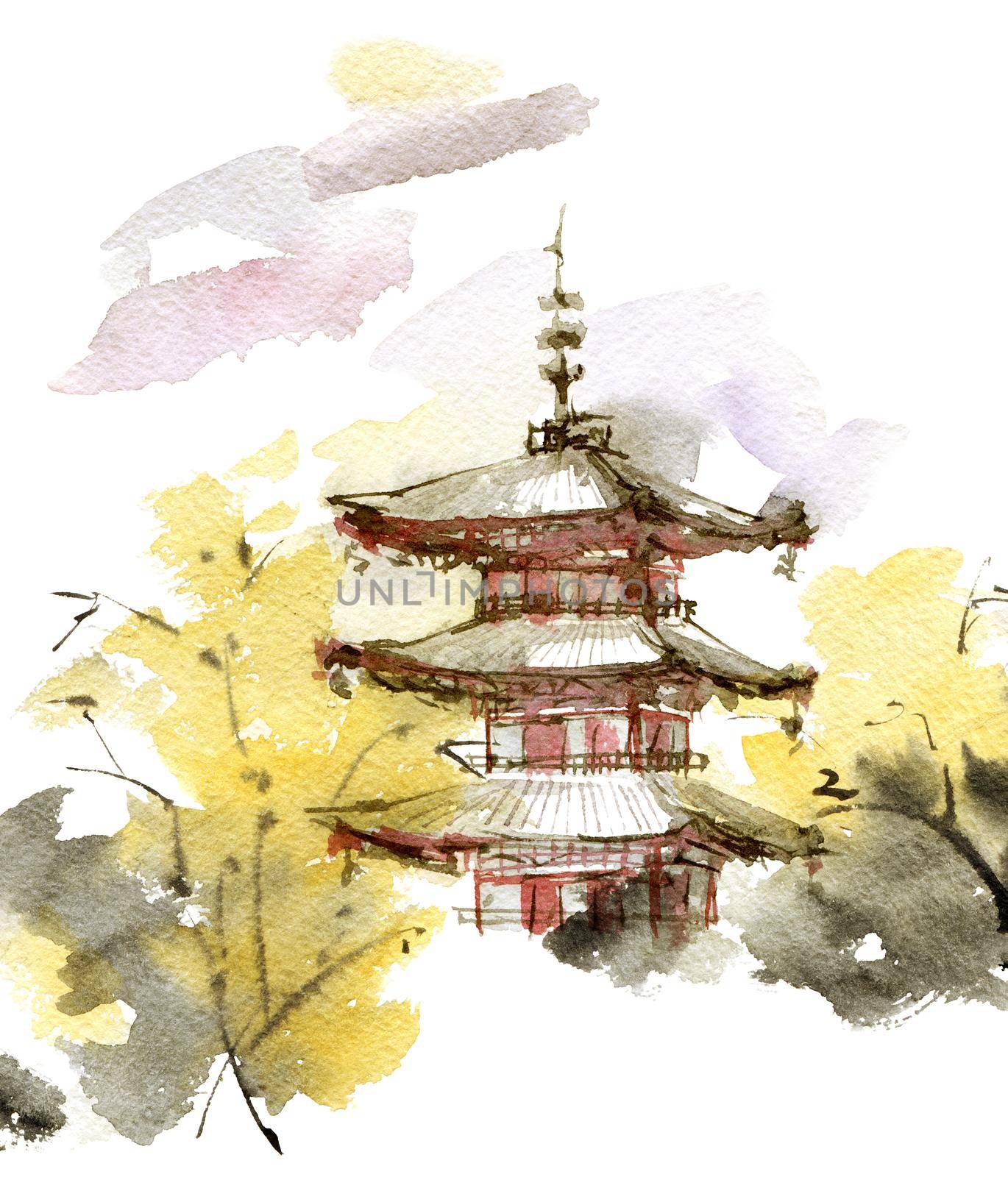 Landscape with japanese building by Olatarakanova