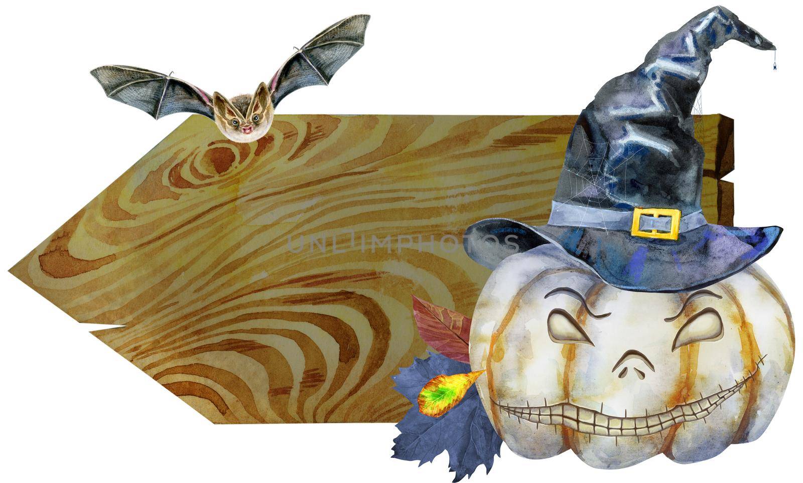 Watercolor Halloween. Hand drawn holiday illustrations isolated on white background: pumpkin in a witch hat on dark wooden board. Artistic autumn decor clipart.