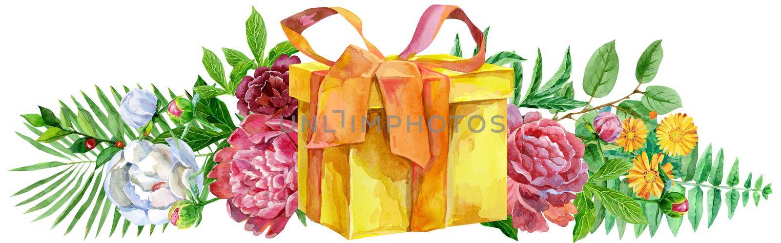 Watercolor llustration with yellow gift box and peonies. For design, print or background by NataOmsk