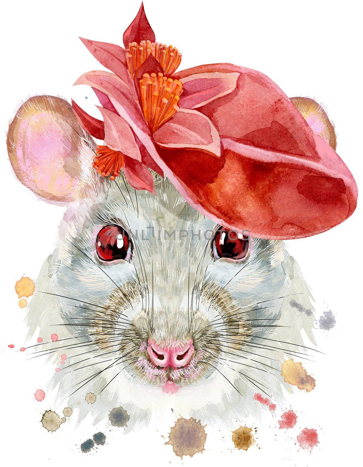 Watercolor portrait of white rat with red hat and splashes by NataOmsk