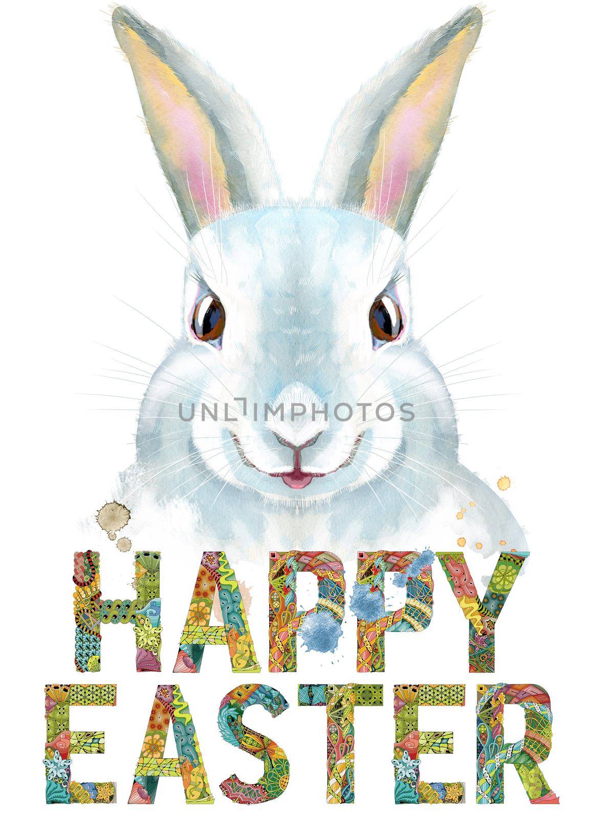 Cute white rabbit on white background with splashes, isolated