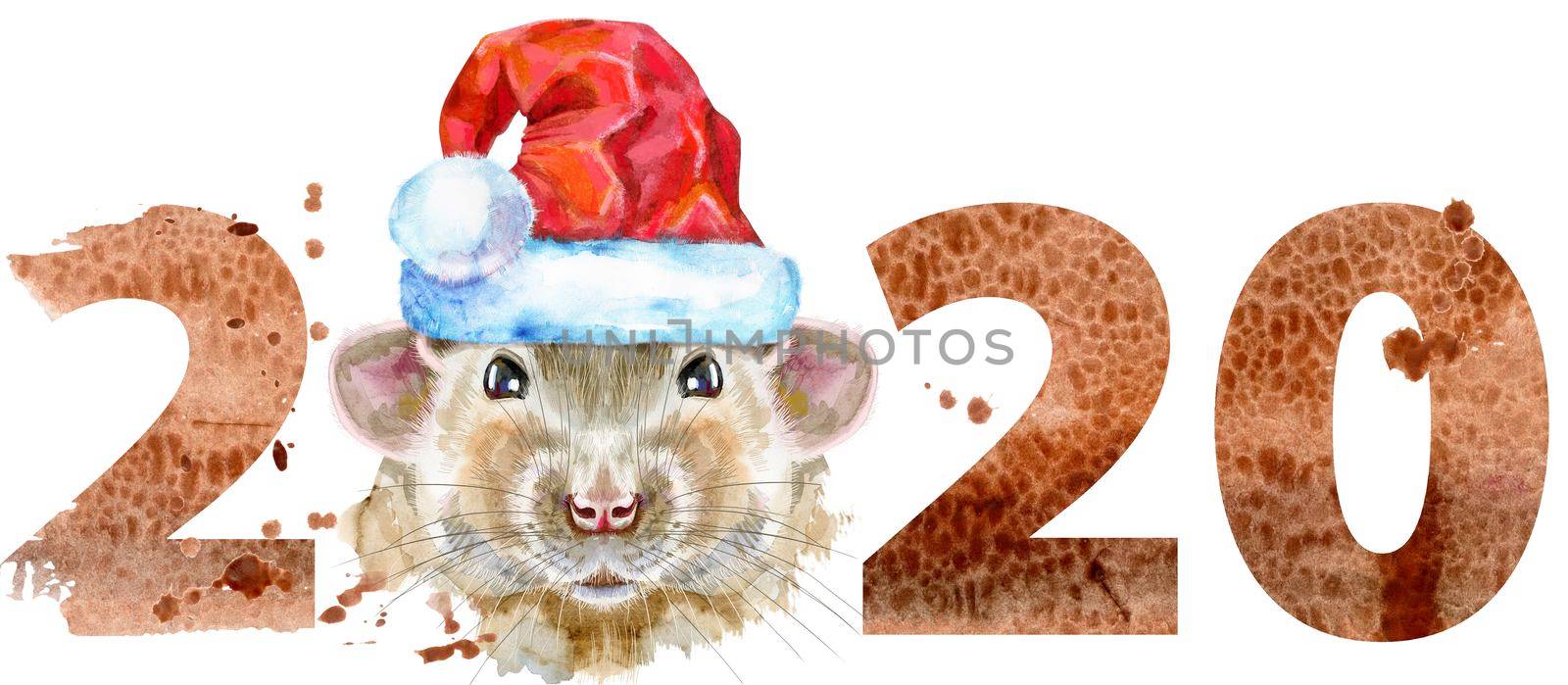 Watercolor portrait of rat in Santa hat with splashes and year 2020 by NataOmsk