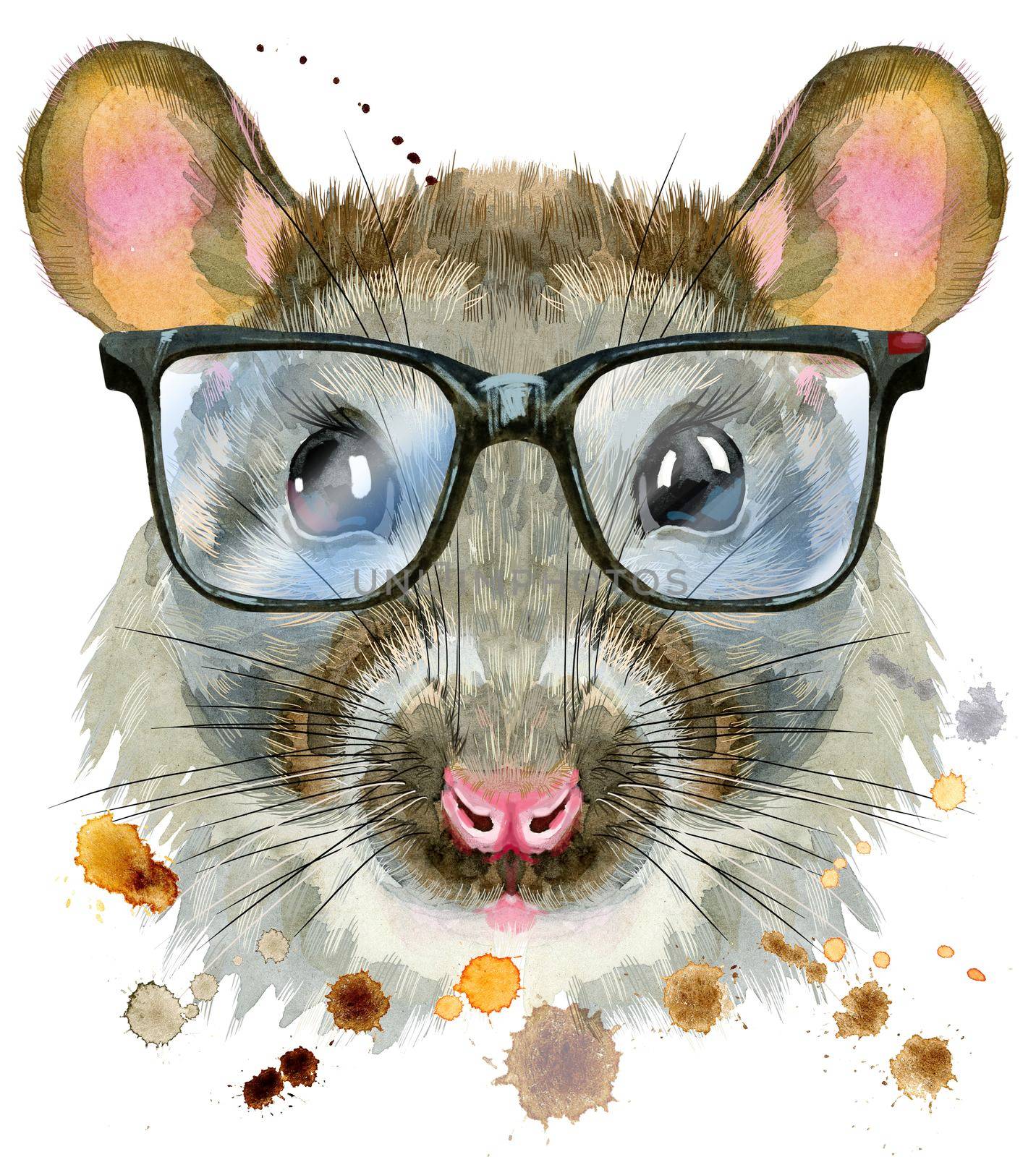 Cute rat with big black glasses for t-shirt graphics. Watercolor rat illustration