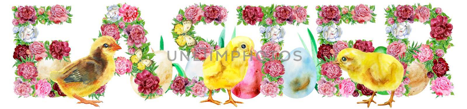 Cute word EASTER on white background with eggs and chickens, isolated