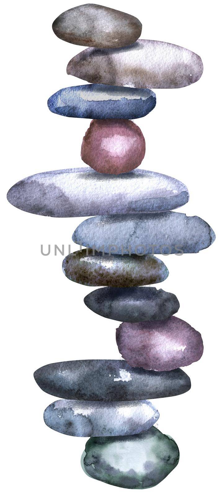 Hand drawn isolated colorful watercolor heap of stones on white background