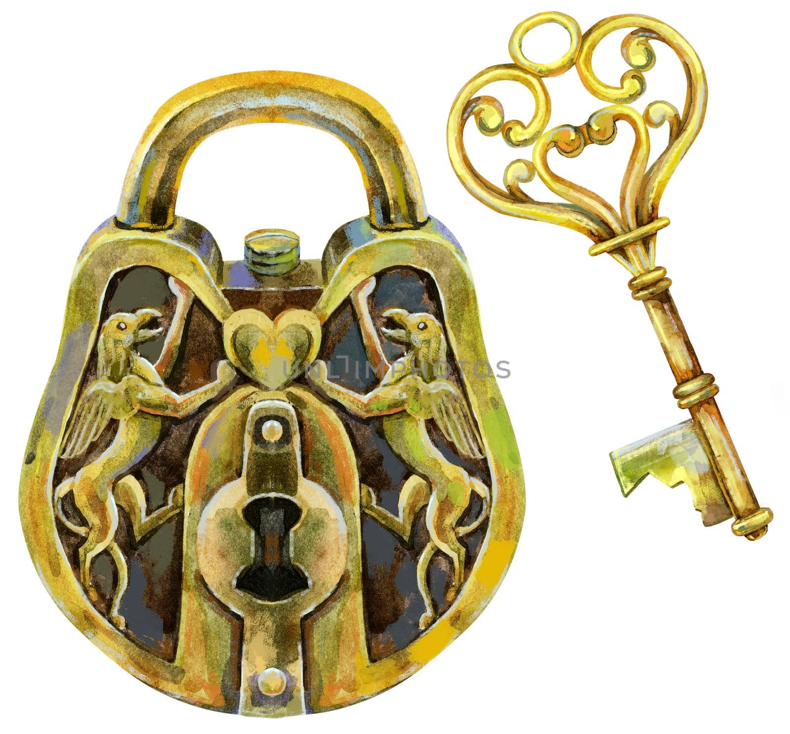 Golden lock and key. Watercolor illustration on a white background