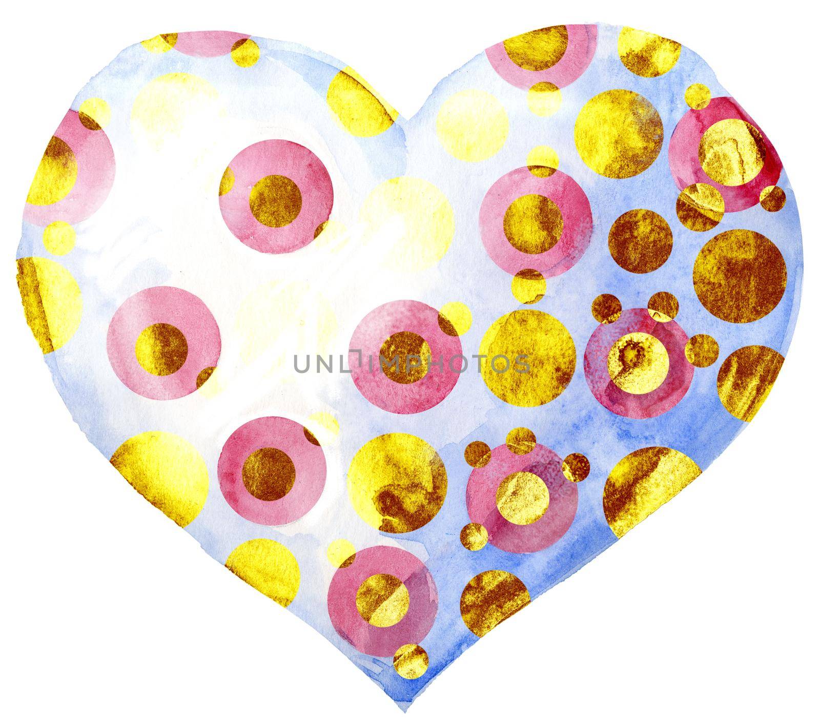 Watercolor white heart with pink polka dots and gold dots on a white background.