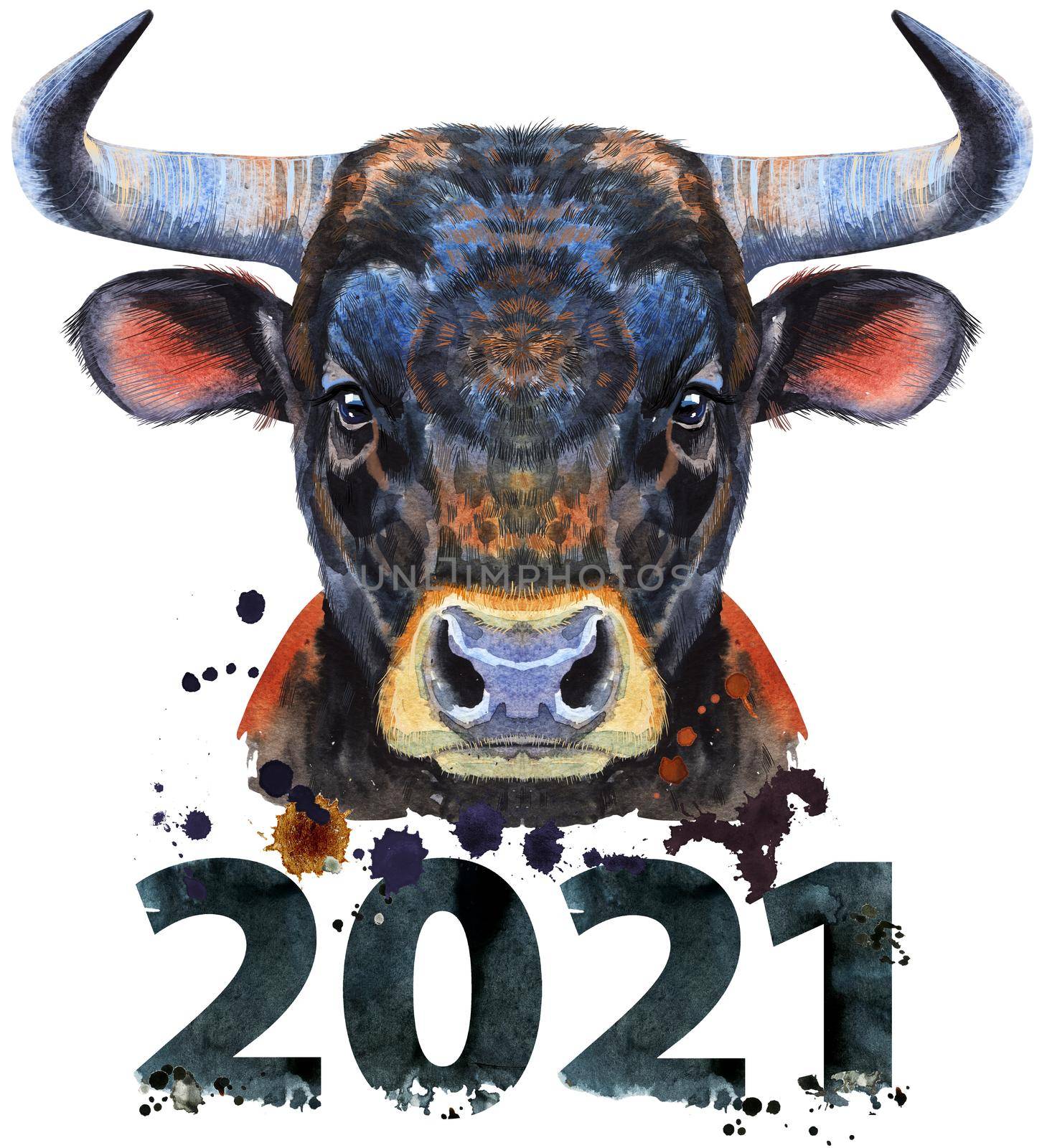 Black powerful bull with number 2021 watercolor graphics. Bull animal illustration with splash watercolor textured background.