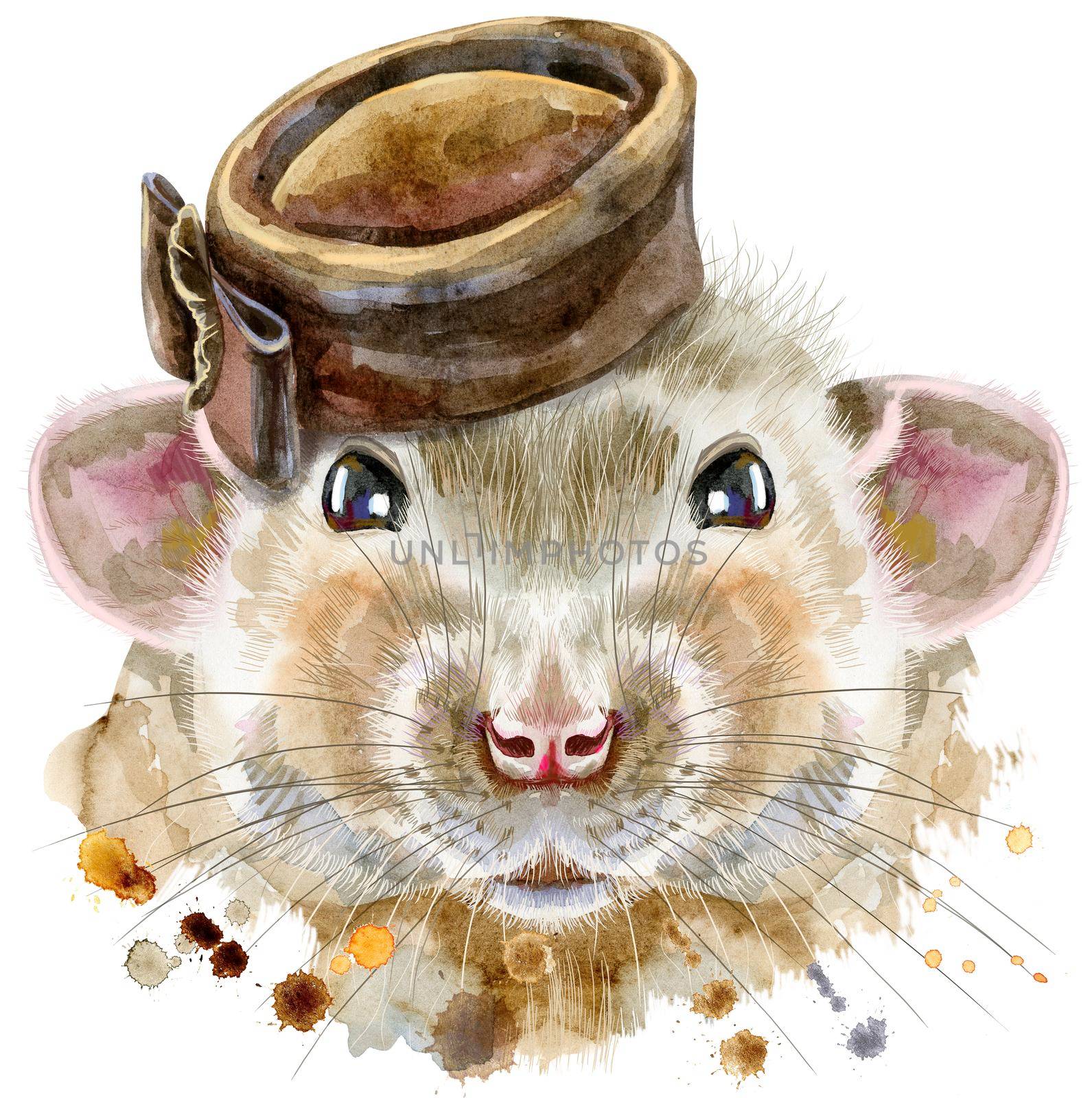 Watercolor portrait of rat with brown hat and splashes by NataOmsk
