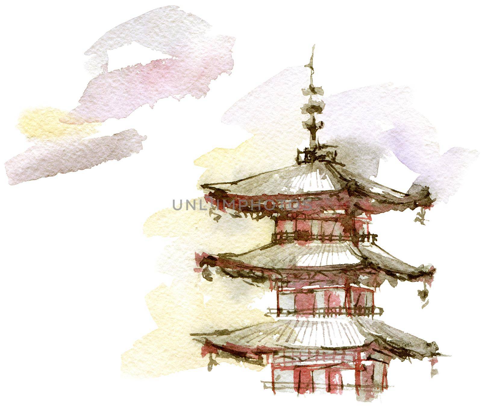 Traditional japanese landscape with pagoda building and trees. Artistic painting by ink and watercolor in sumi-e style.