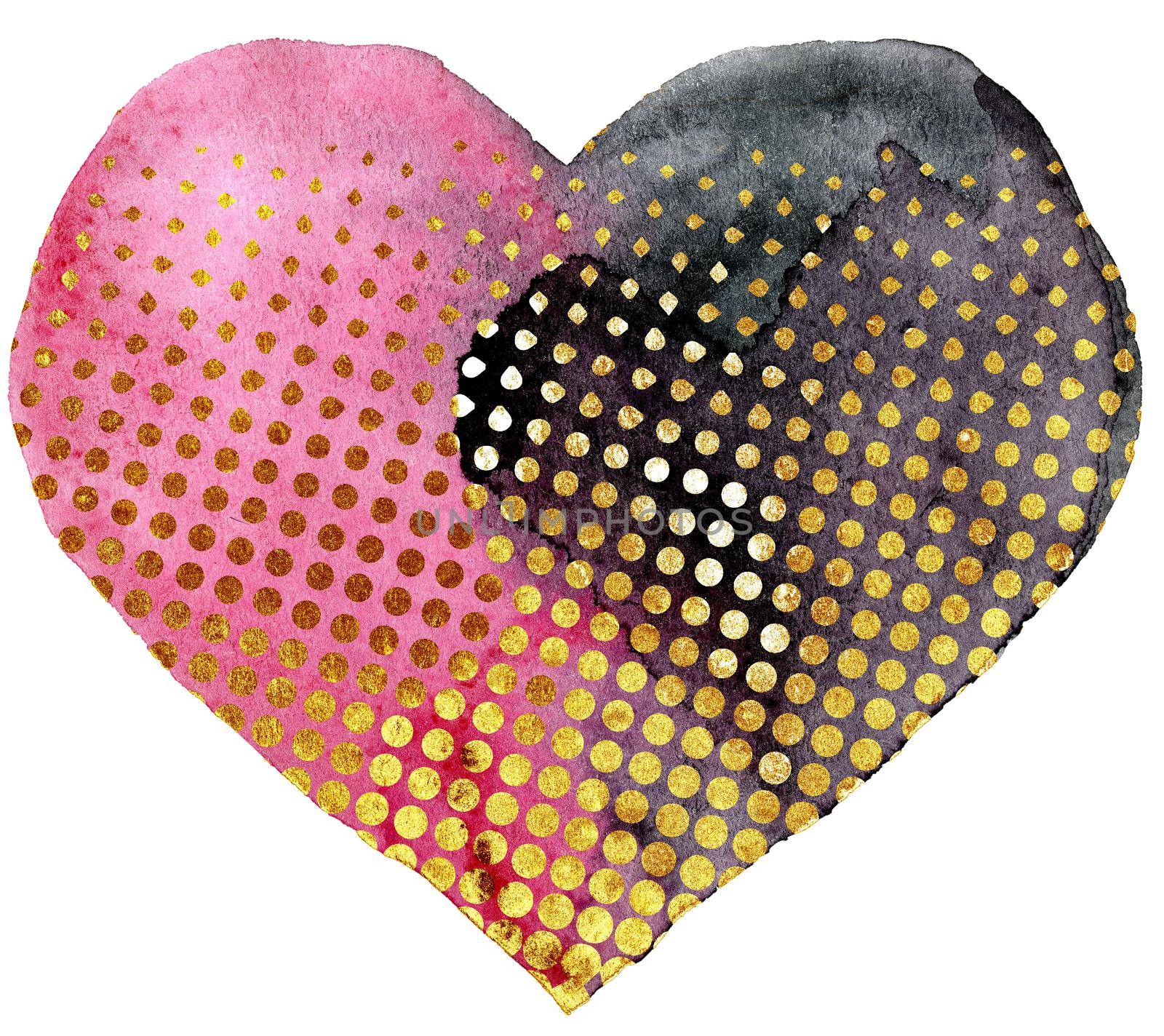Watercolor black heart with gold dots on white background by NataOmsk
