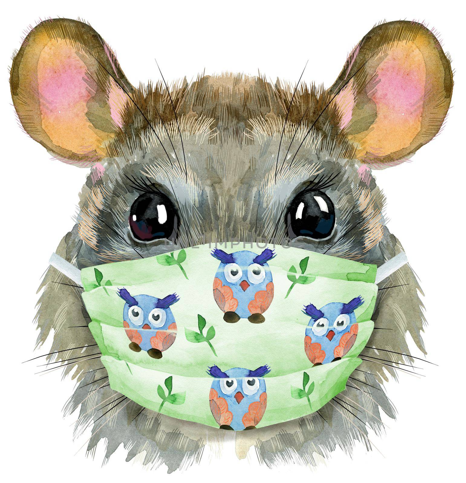 Cute rat in protective mask for t-shirt graphics. Watercolor rat illustration
