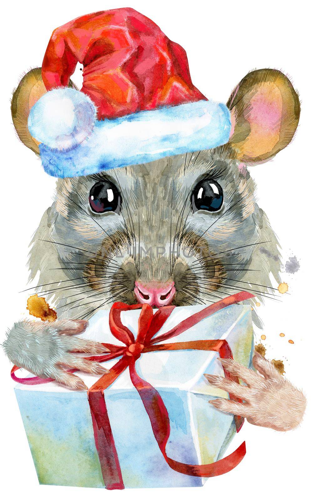 Cute rat in Santa hat with gift for t-shirt graphics. Watercolor rat illustration