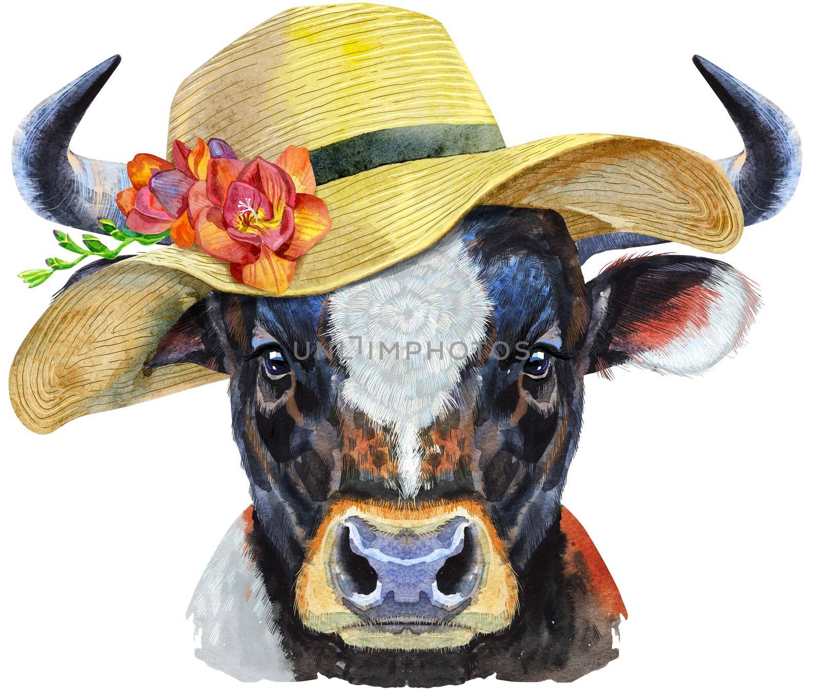Bull watercolor graphics. Bull in summer hat. Animal illustration with splashes watercolor textured background.