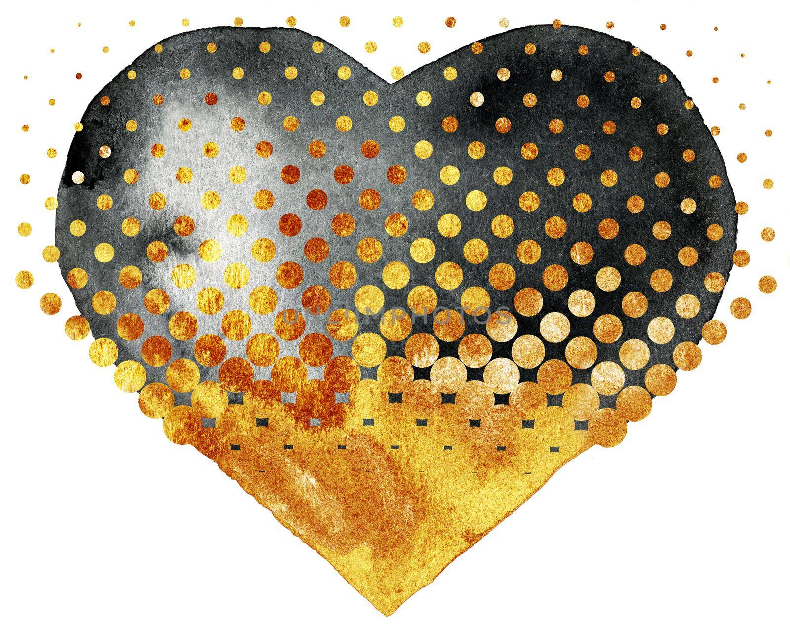 Watercolor black heart with gold dots on white background by NataOmsk