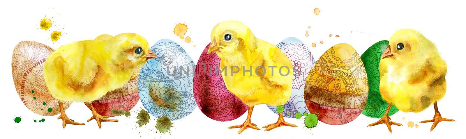 Watercolor Easter colored eggs and chickens on white background. Design element for greeting cards, note cards and invitations.