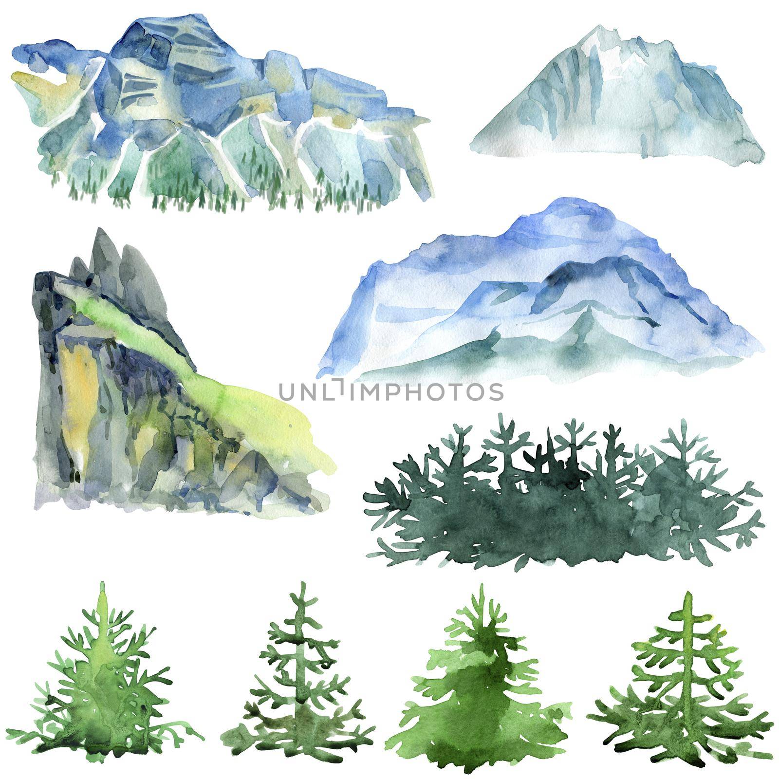 Blue Mountains and green trees hand drawn by NataOmsk