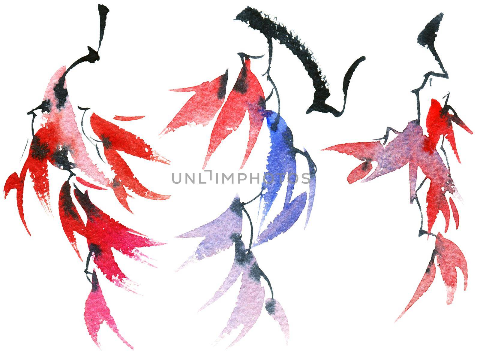 Watercolor and ink illustration of tree brunch with multicolored leaves on white background. Oriental traditional painting in style sumi-e or gohua.