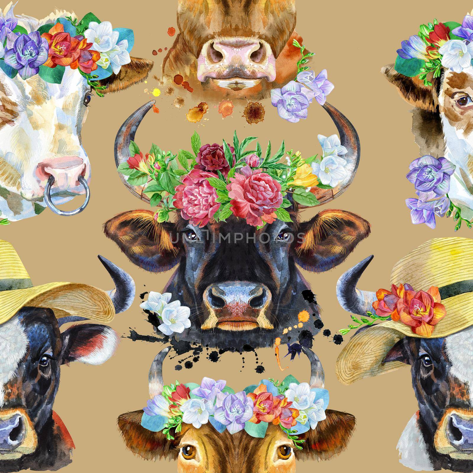 Seamless pattern. Watercolor illustration of a bulls by NataOmsk