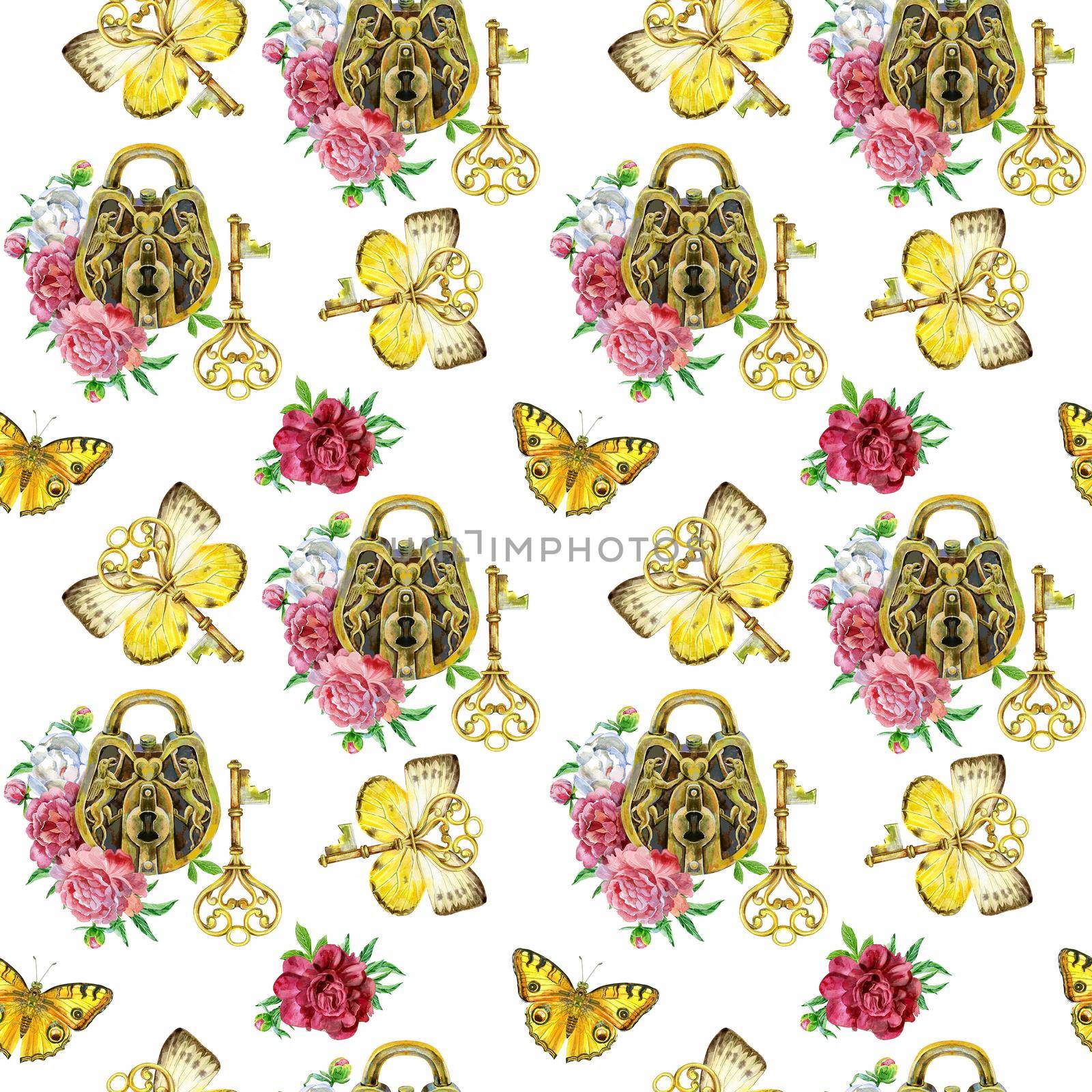 Seamless watercolor pattern with vintage hearts, keys and peonies isolated on white background by NataOmsk