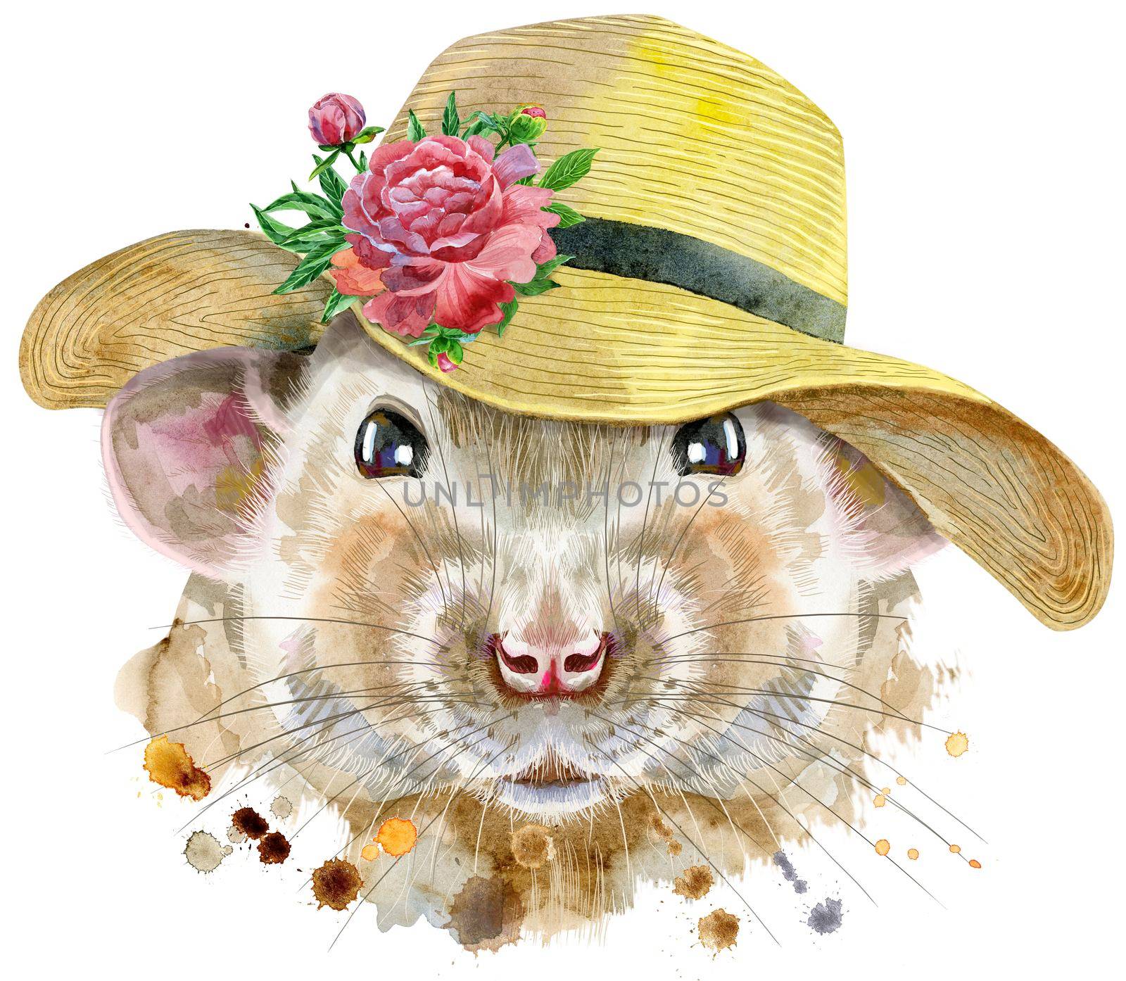 Cute rat with a wide-brimmed summer hat for t-shirt graphics. Watercolor rat illustration