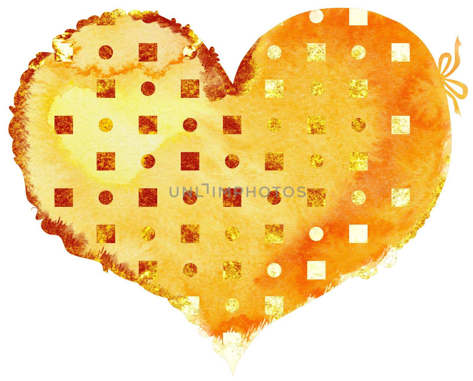 watercolor yellow heart with gold dots , painted by hand