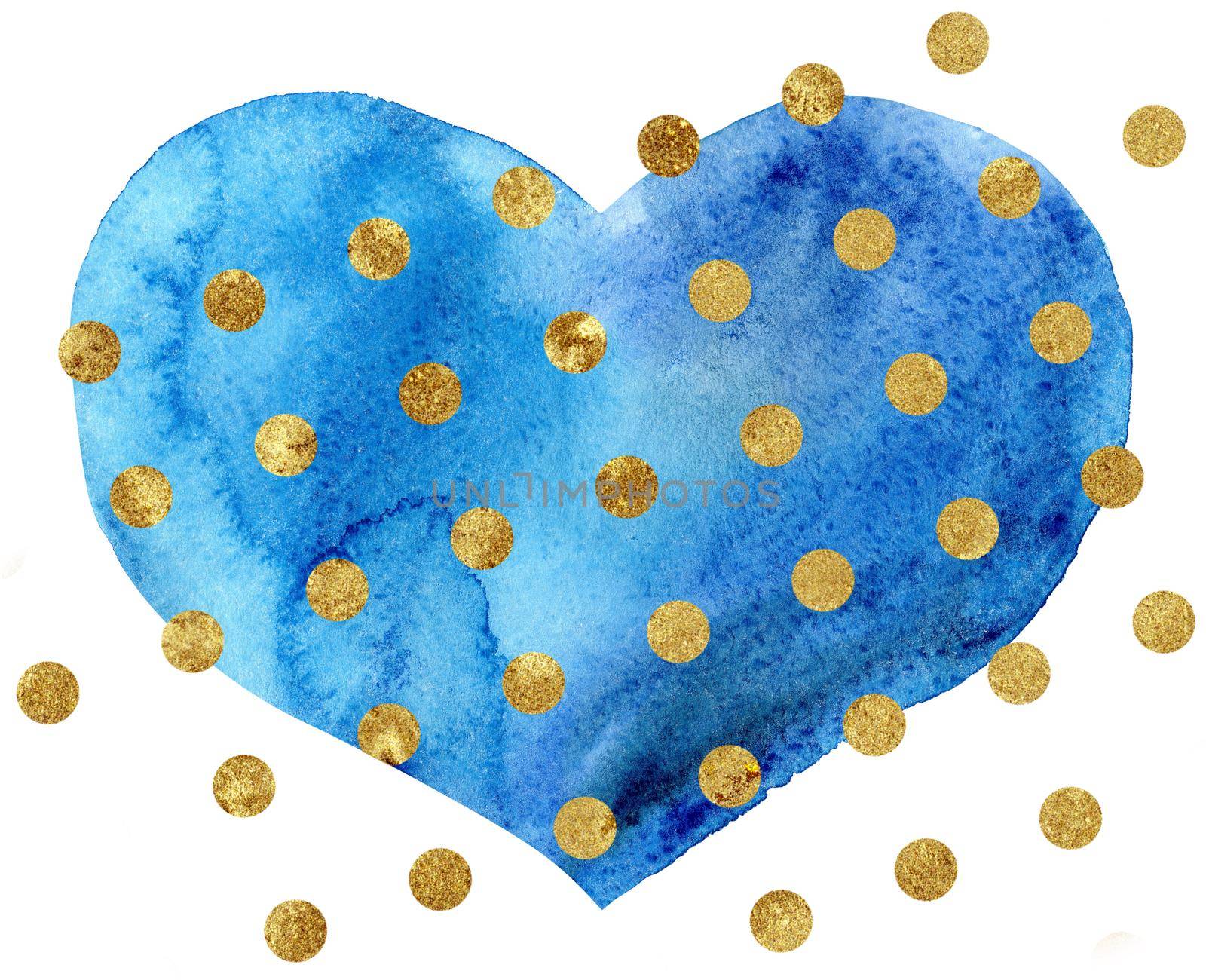 Watercolor blue heart with gold dots on white background by NataOmsk