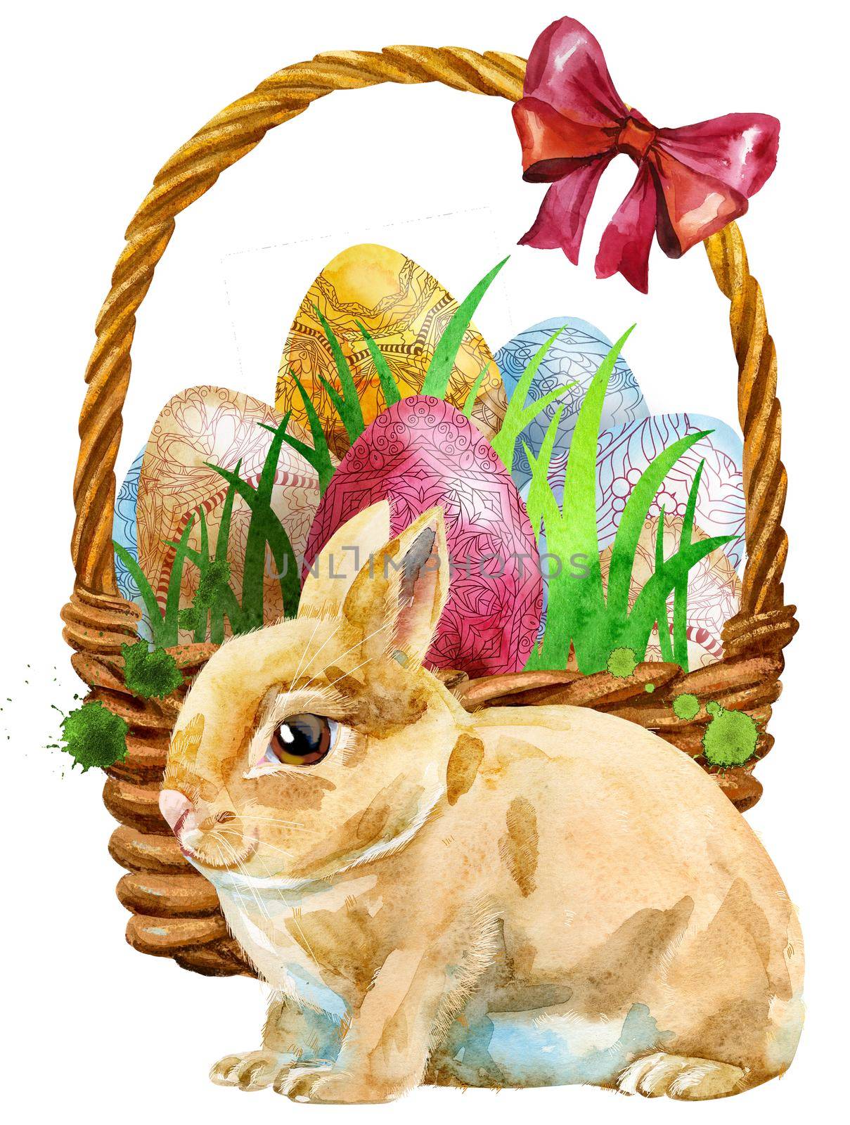 Waterciolor illustration of an Easter basket filled with eggs and a little white Easter rabbit sitting before it
