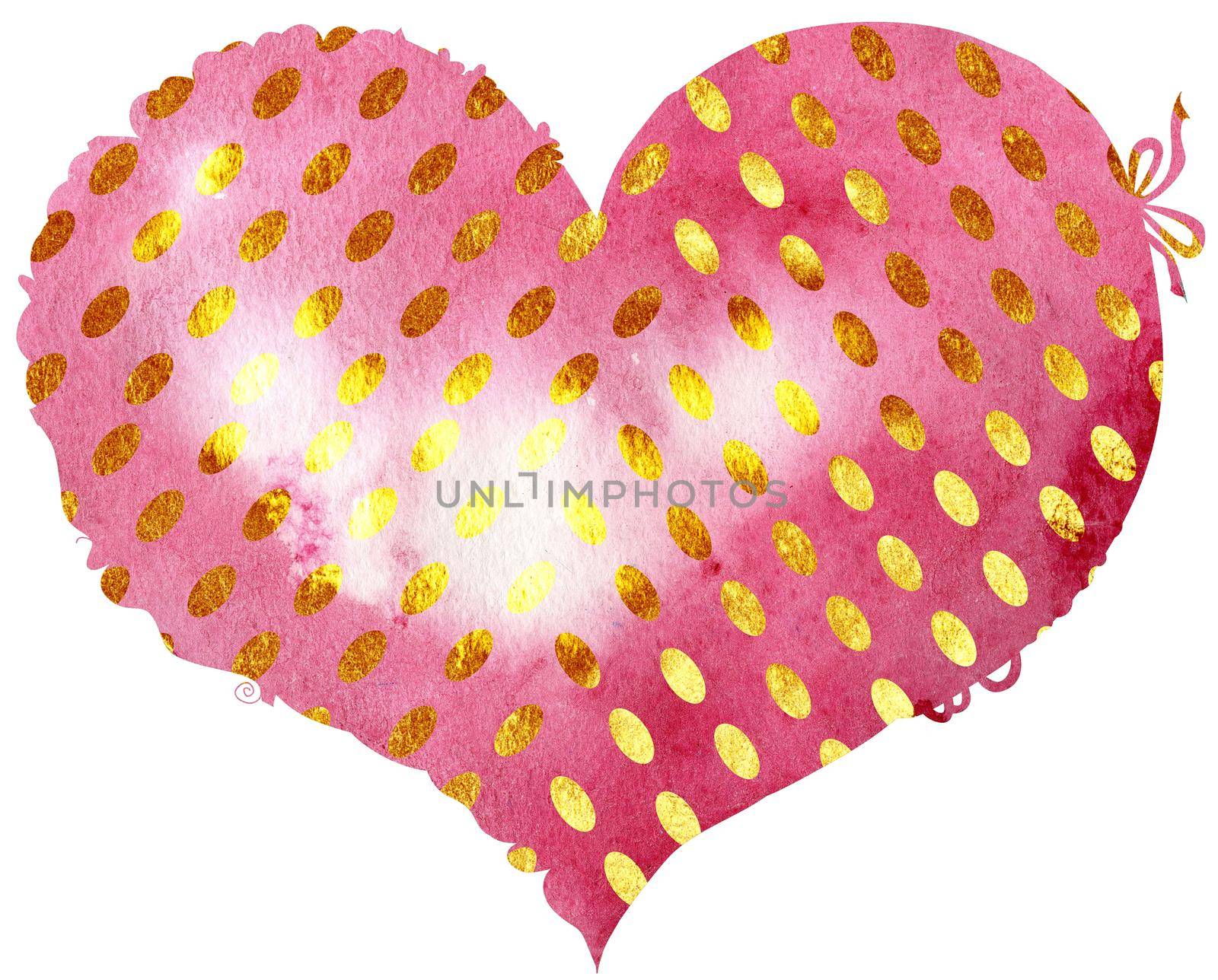 Watercolor pink heart with gold dots on white background by NataOmsk