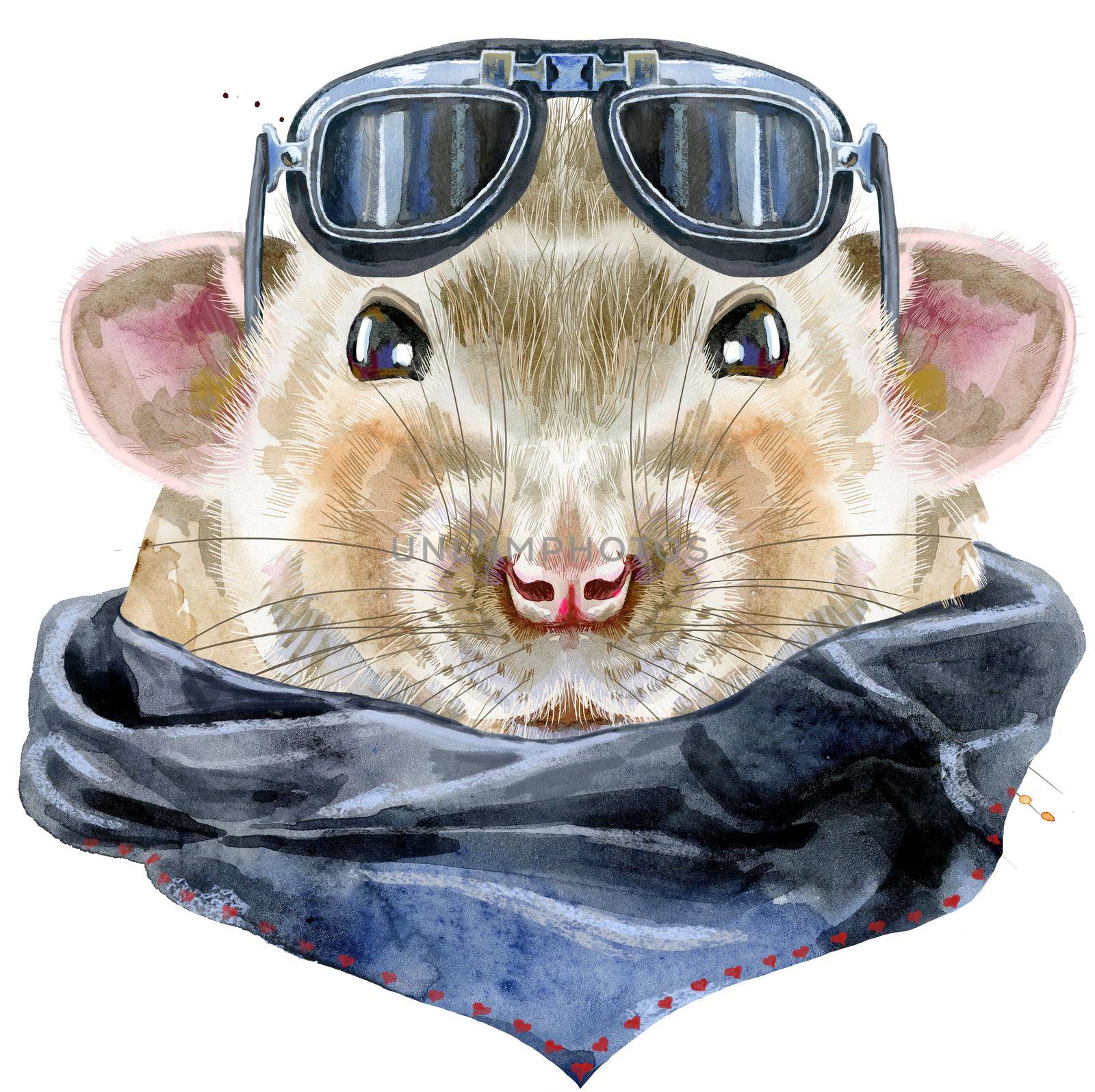 Watercolor portrait of rat with biker sunglasses and splashes by NataOmsk