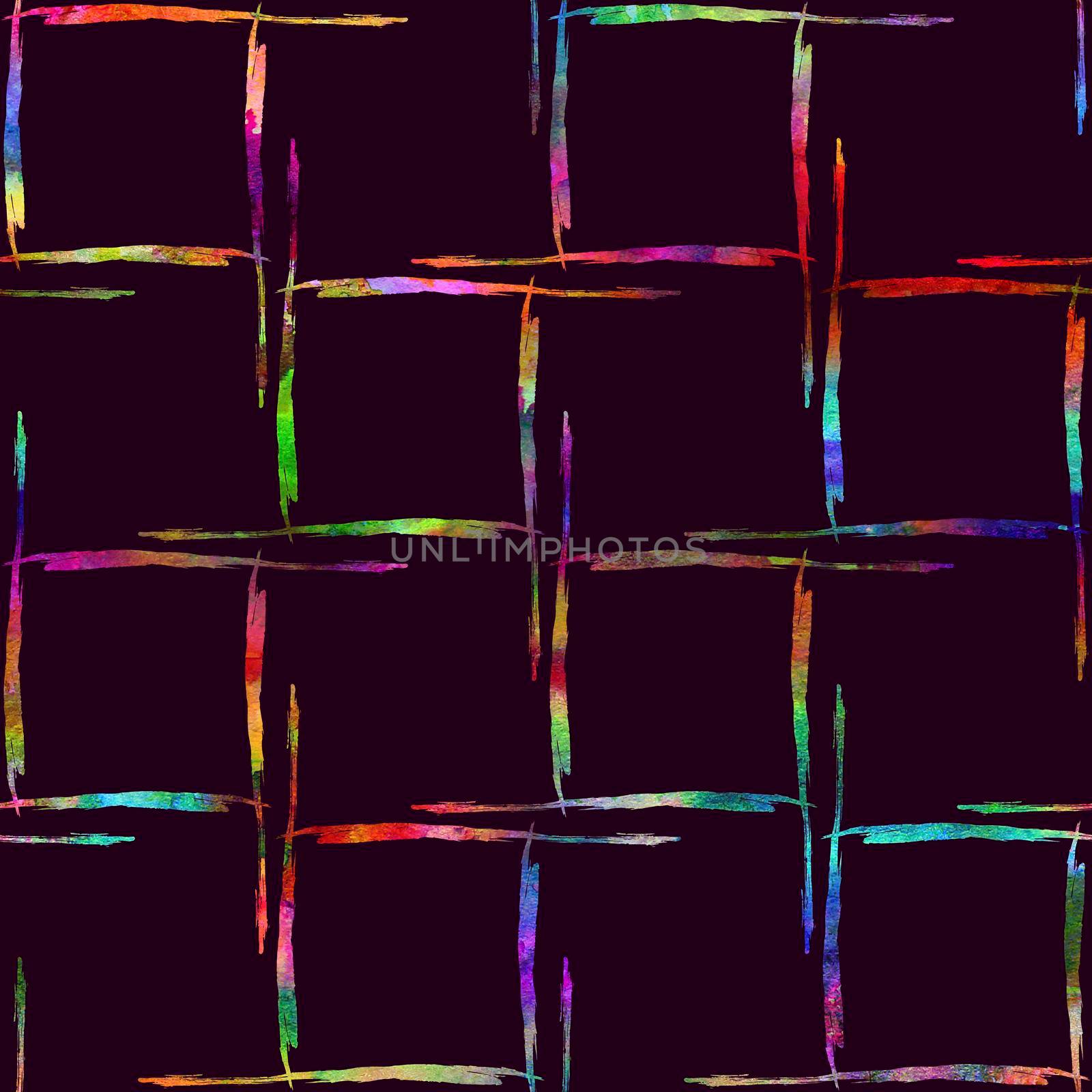 Watercolor Brush Plaid Seamless Pattern Grange Check Geometric Design in Rainbow Color. Modern Strokes Grung Collage Background for kids fabric and textile.