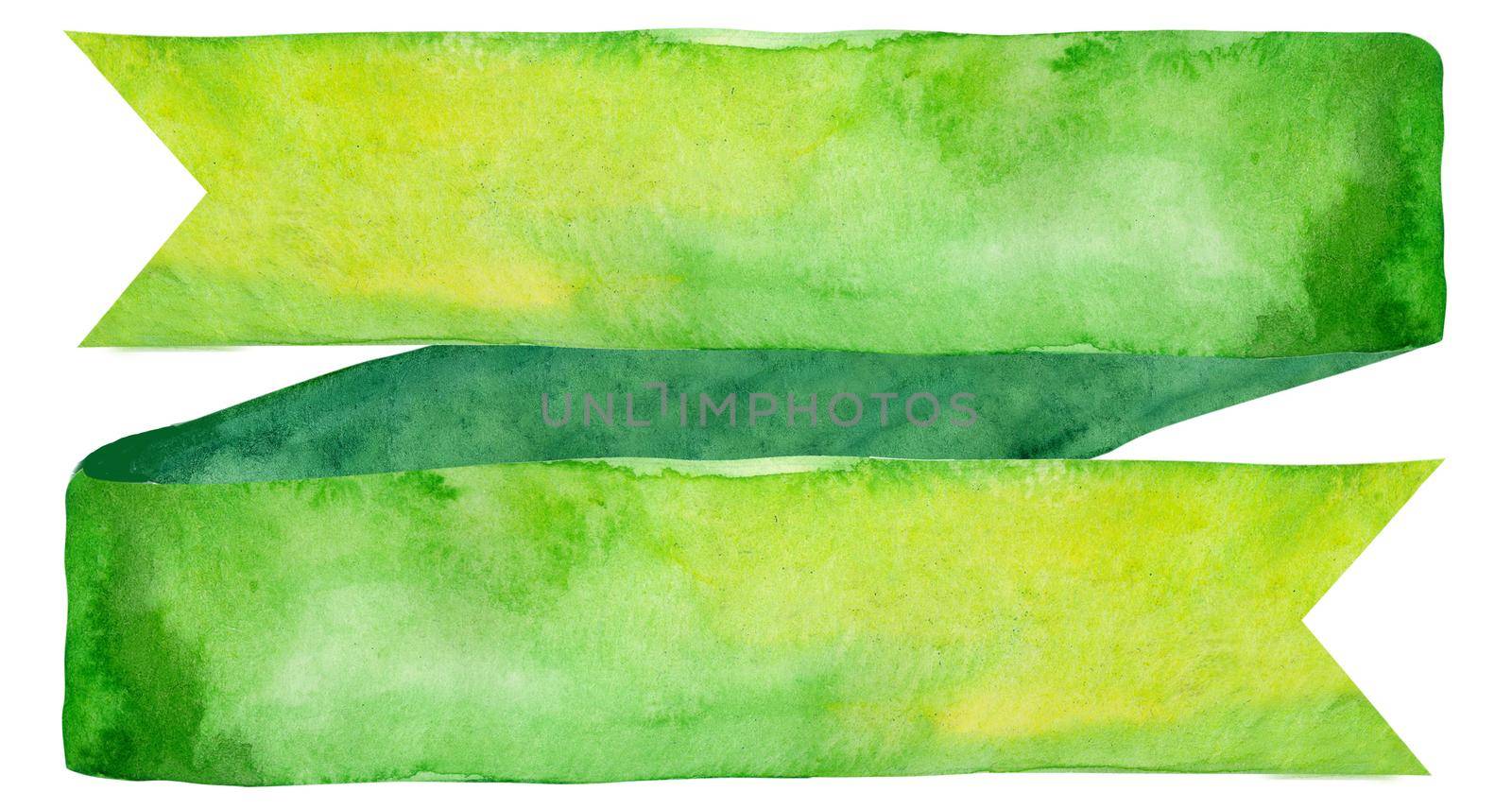 Watercolor vintage green ribbon. Hand painted banners isolated on white background. by NataOmsk