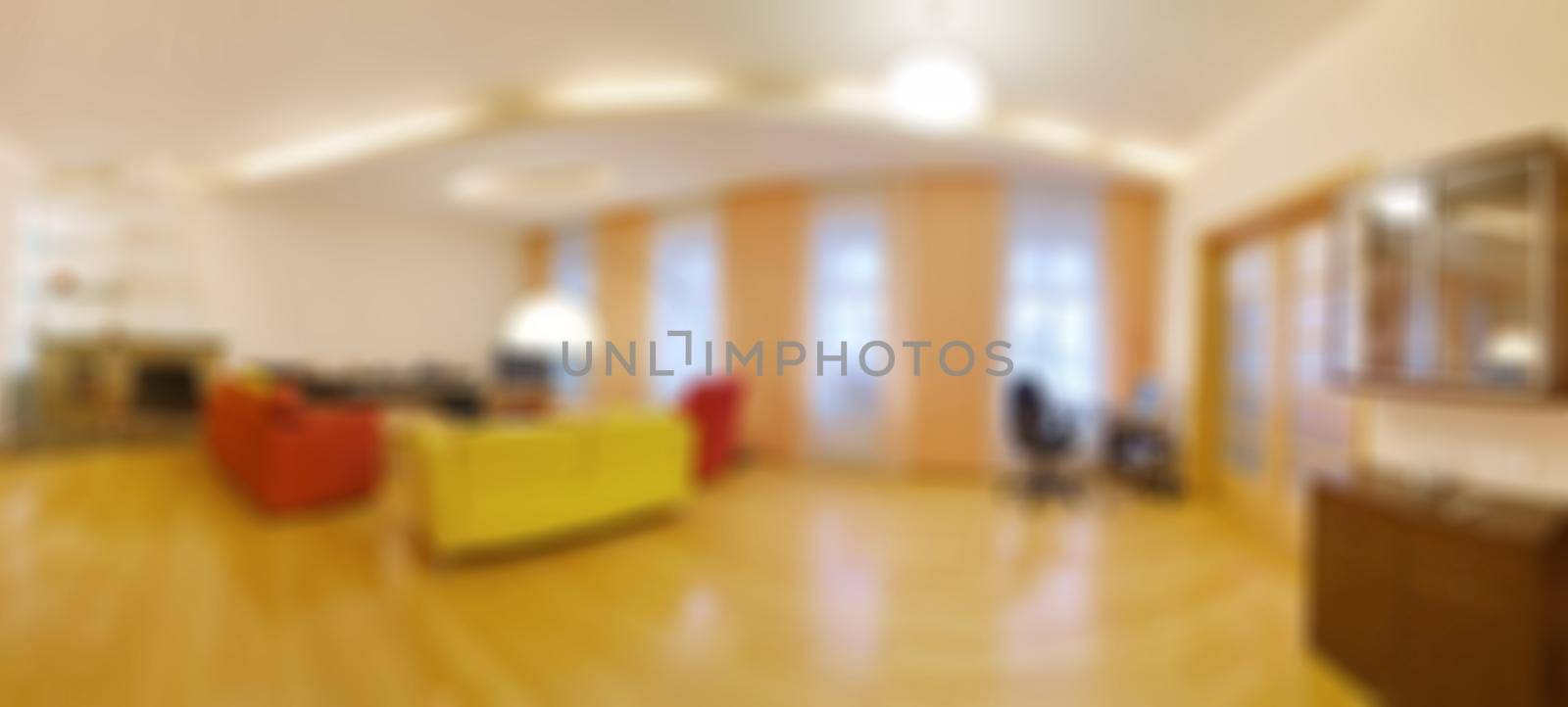 Panoramic shot of modern spacious living room blur background