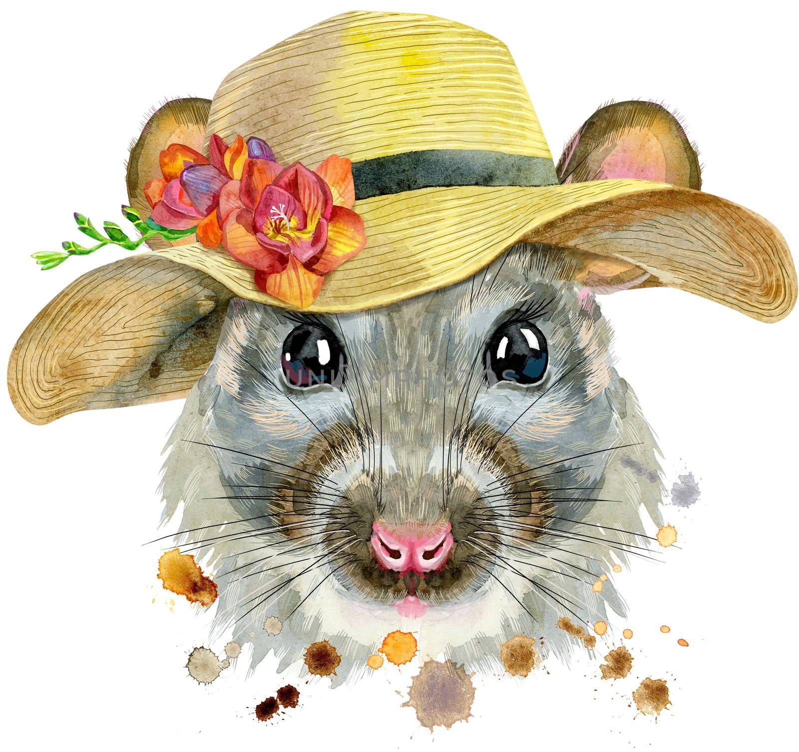 Cute rat with a wide-brimmed summer hat for t-shirt graphics. Watercolor rat illustration