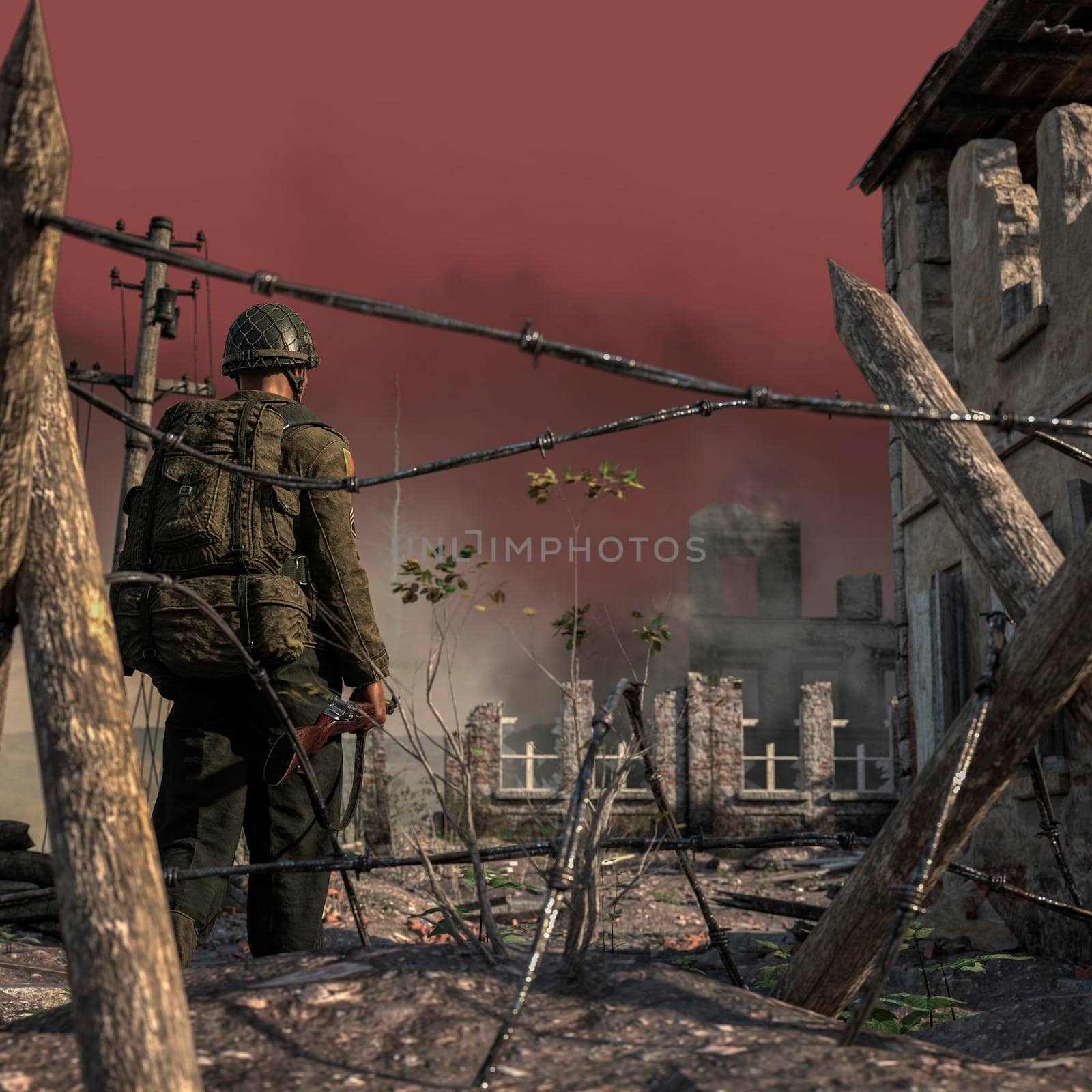 Illustration of a world war 2 daylight battle scene with a US soldier and destroyed buildings. Battlefield art background - 3d rendering