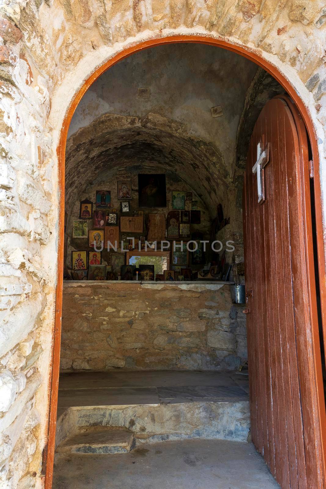 Entrance of Orthodox monastery Saints Asomatos in Penteli, a mountain to the north of Athens at Greece.