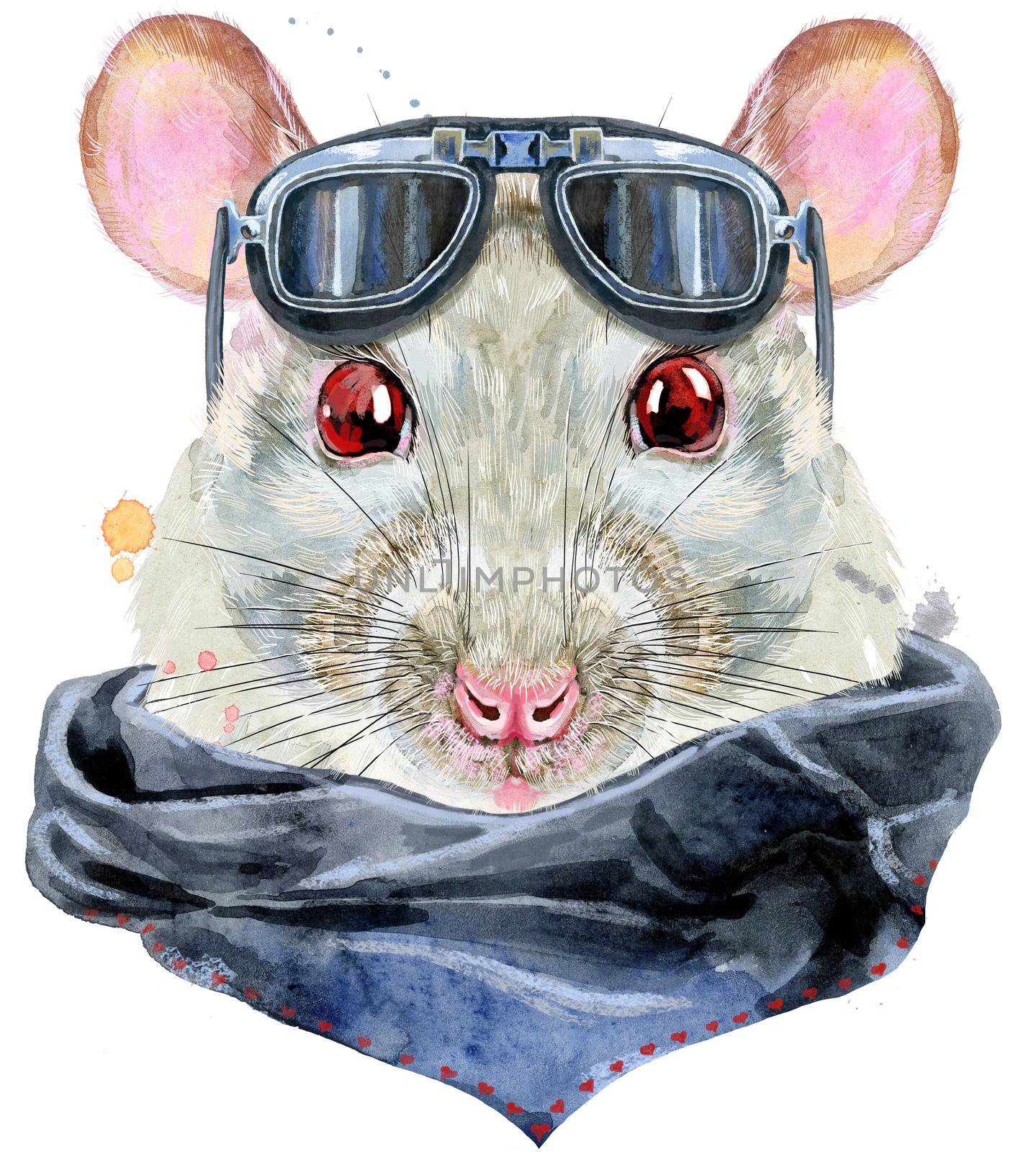 Cute white rat with biker sunglasses for t-shirt graphics. Watercolor rat illustration