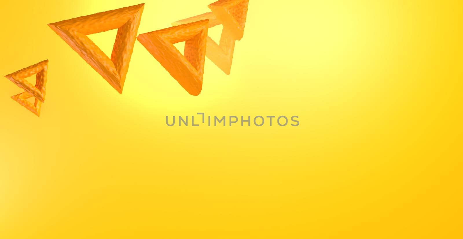 Abstract orange background with dynamic 3d triangles. orange and yellow shapes on an orange background. Modern trendy banner or poster design 3D image, copy space.